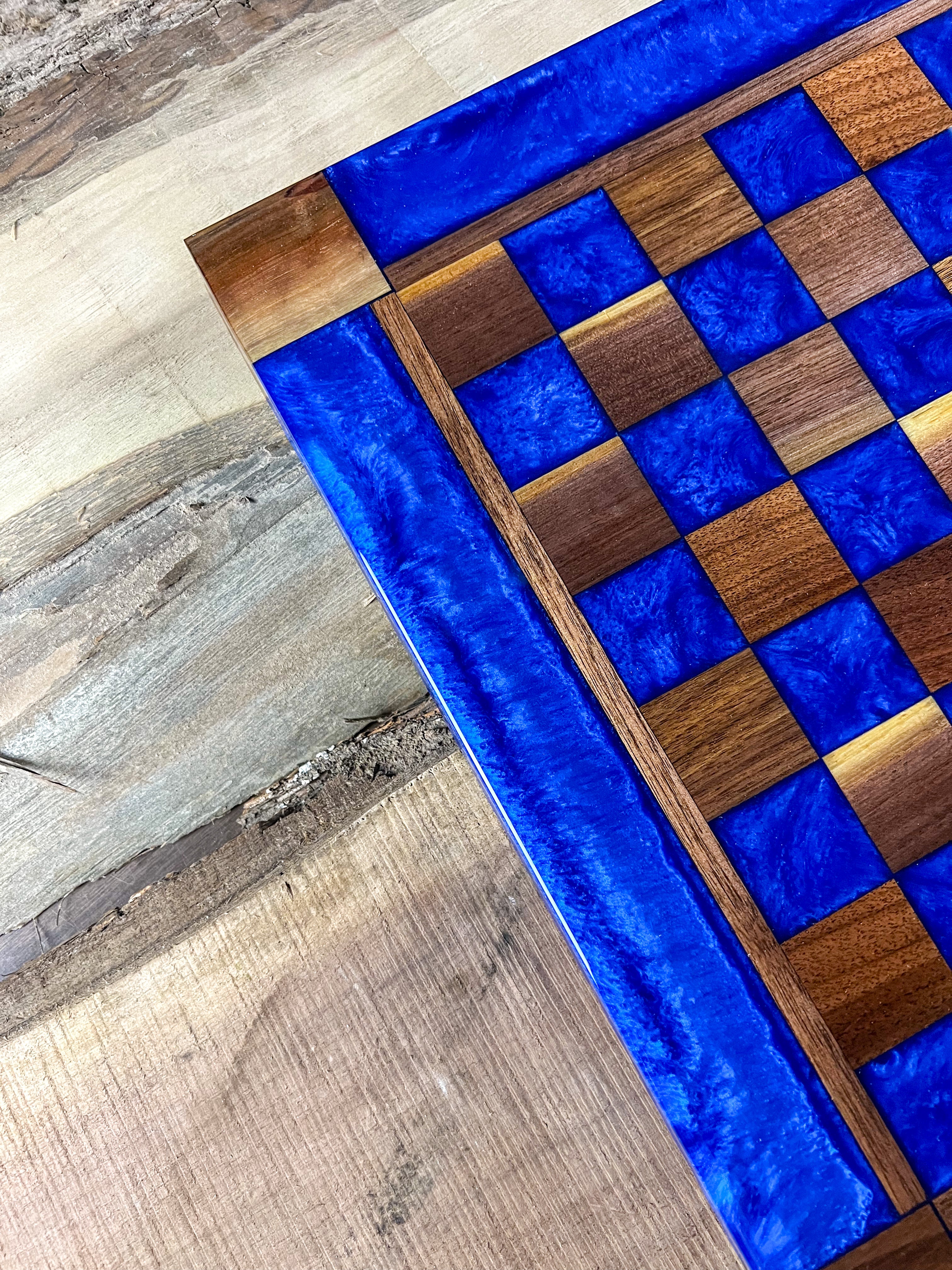 Deep Blue Walnut Chess Board (Glass Chess Set Included)