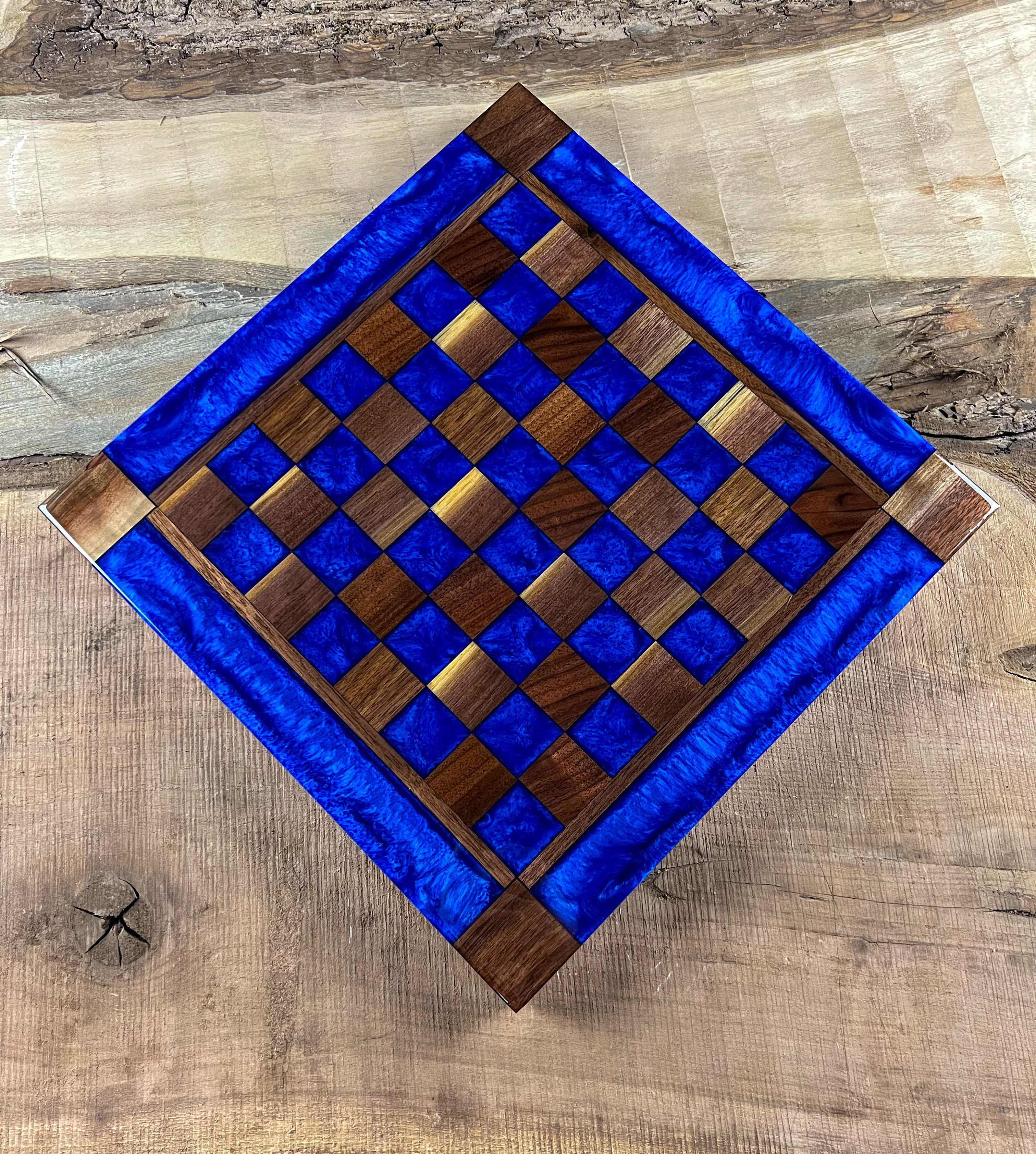 Deep Blue Walnut Chess Board (Glass Chess Set Included)