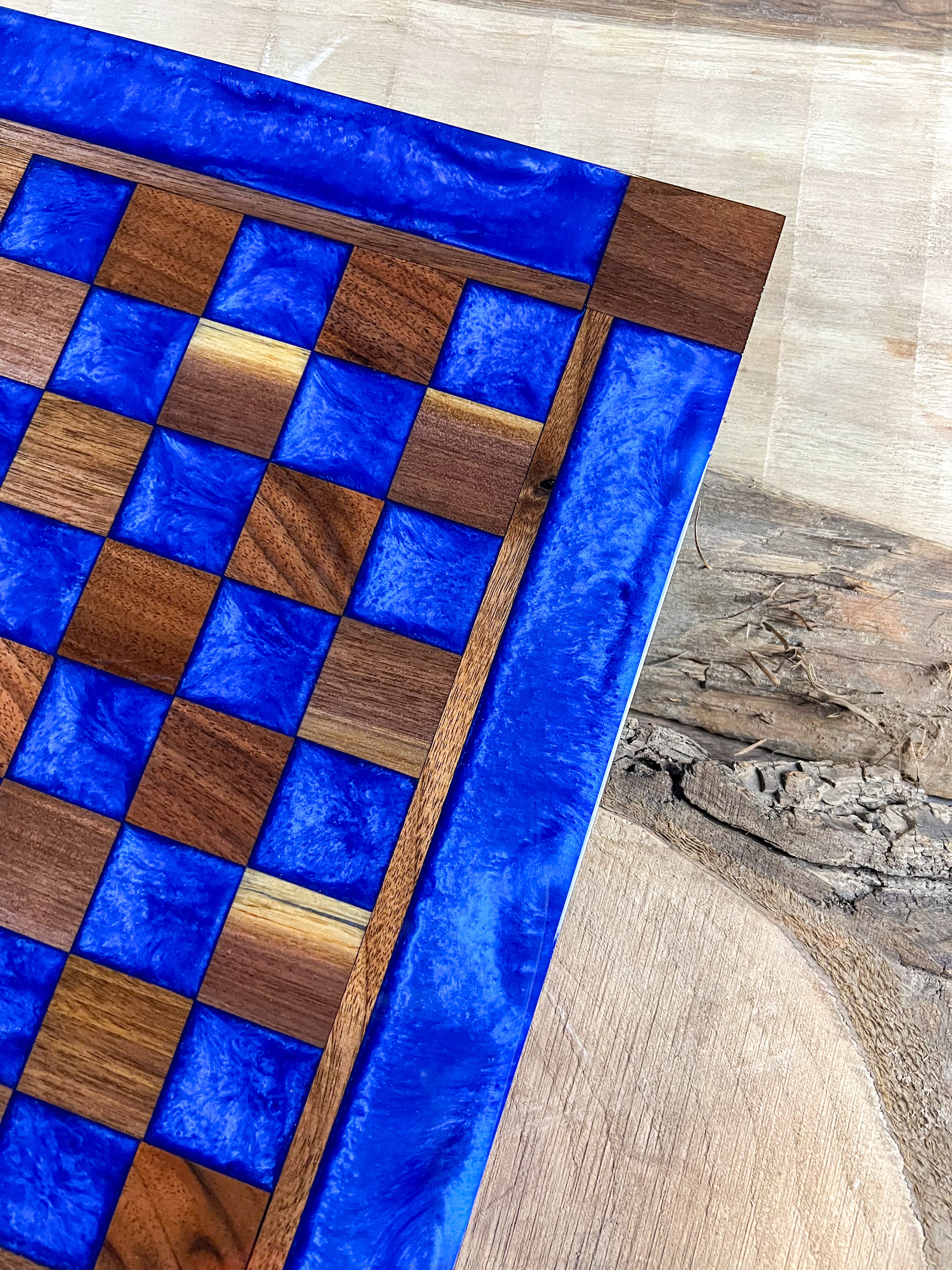 Deep Blue Walnut Chess Board (Glass Chess Set Included)