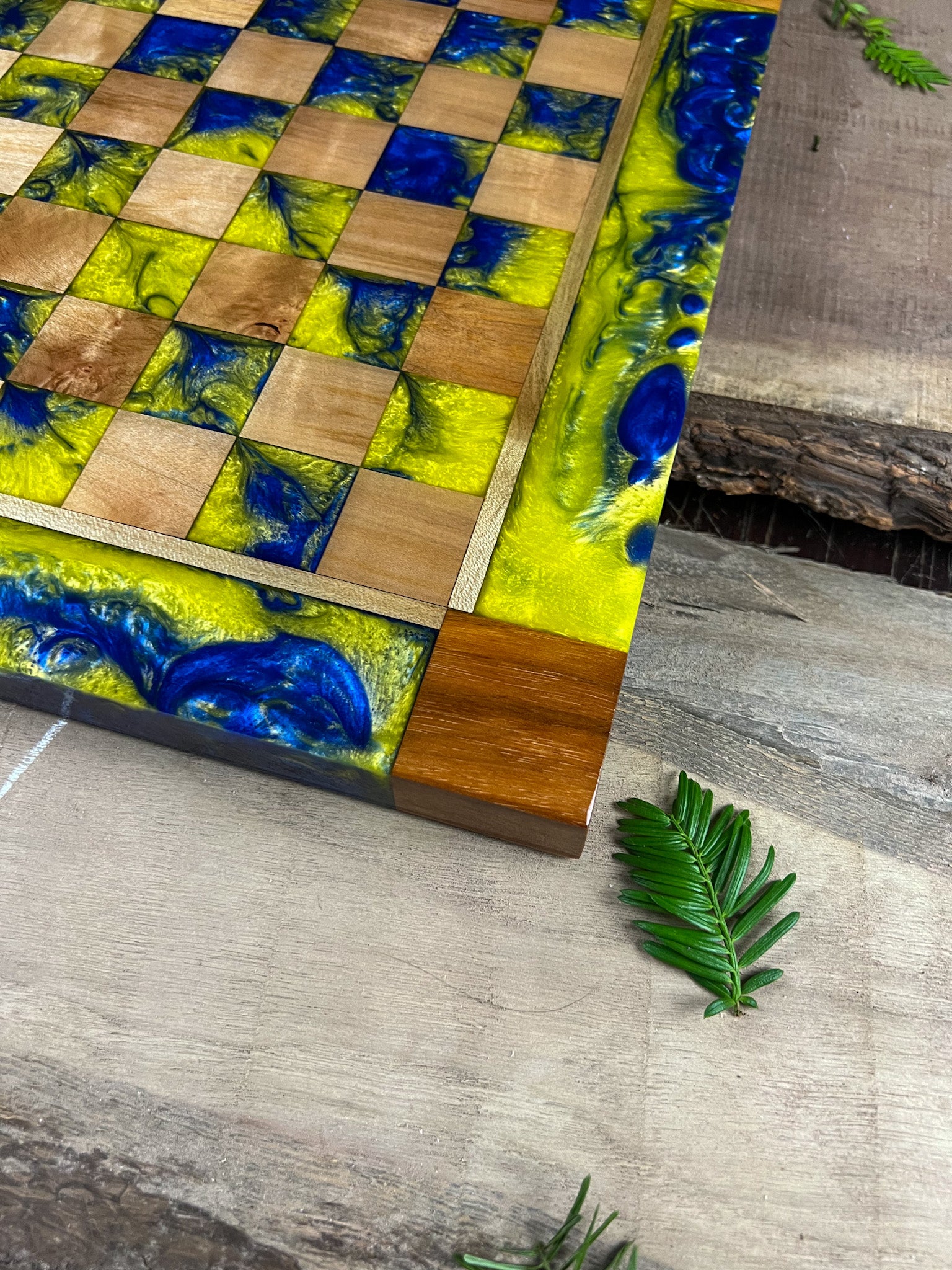 Golden Blue Maple Wood Chess Board (Glass Chess Set Included)