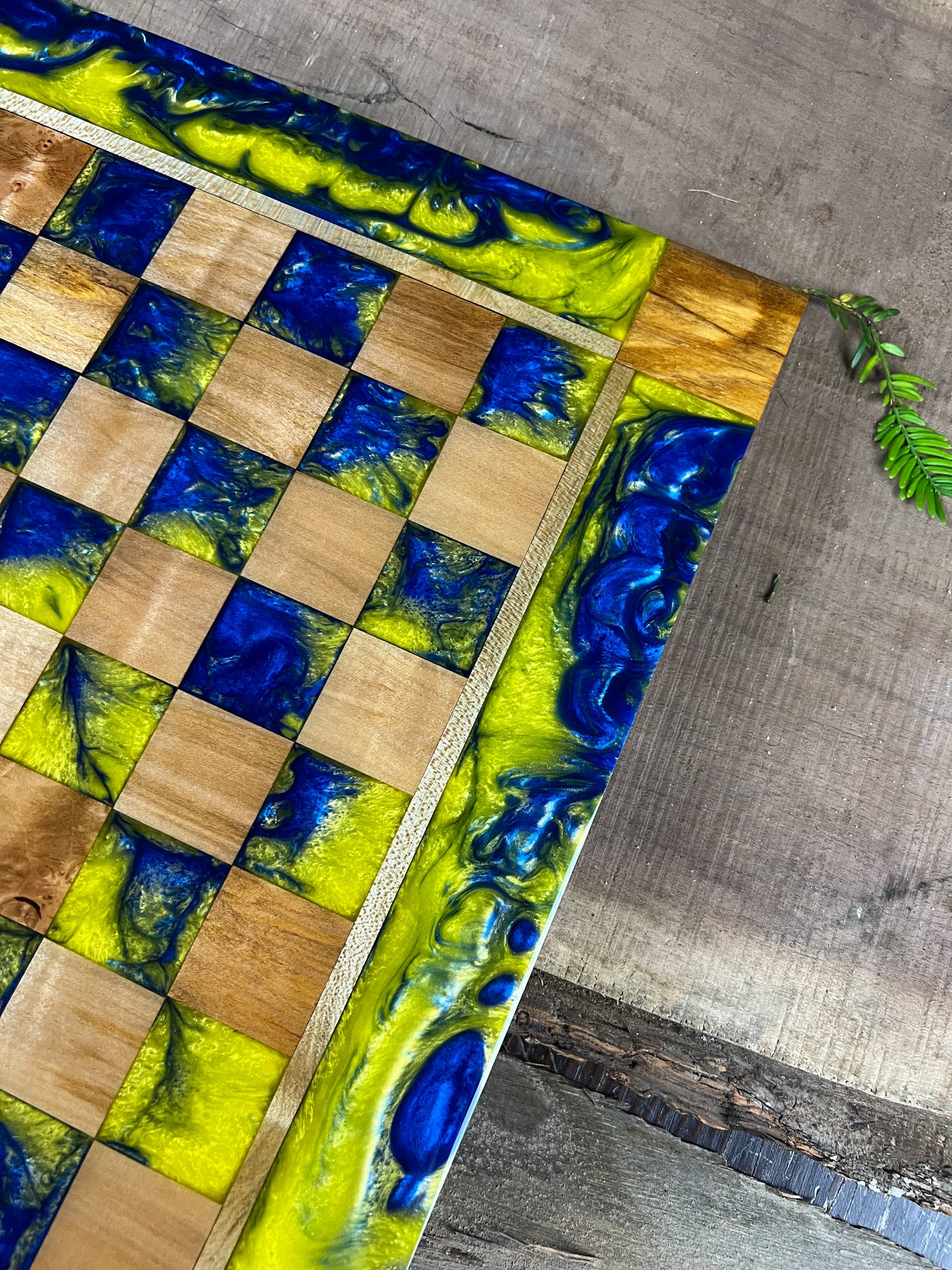 Golden Blue Maple Wood Chess Board (Glass Chess Set Included)