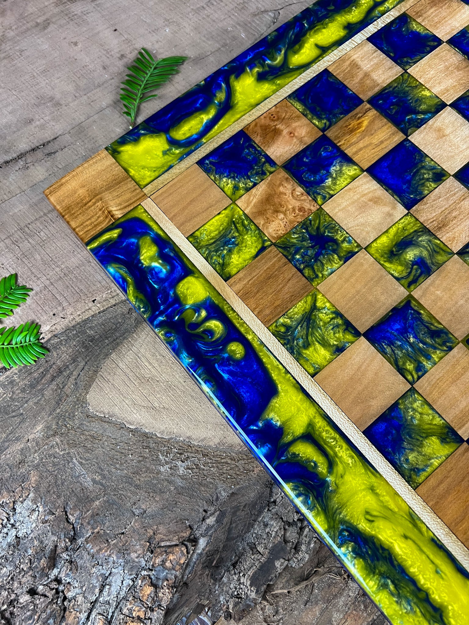 Golden Blue Maple Wood Chess Board (Glass Chess Set Included)