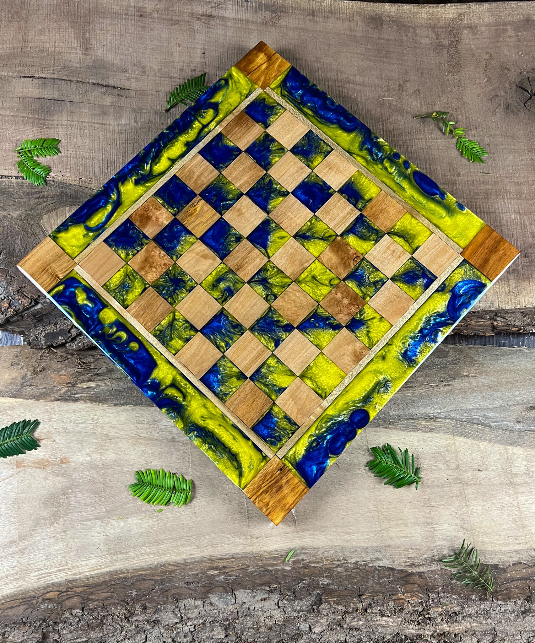 Golden Blue Maple Wood Chess Board (Glass Chess Set Included)