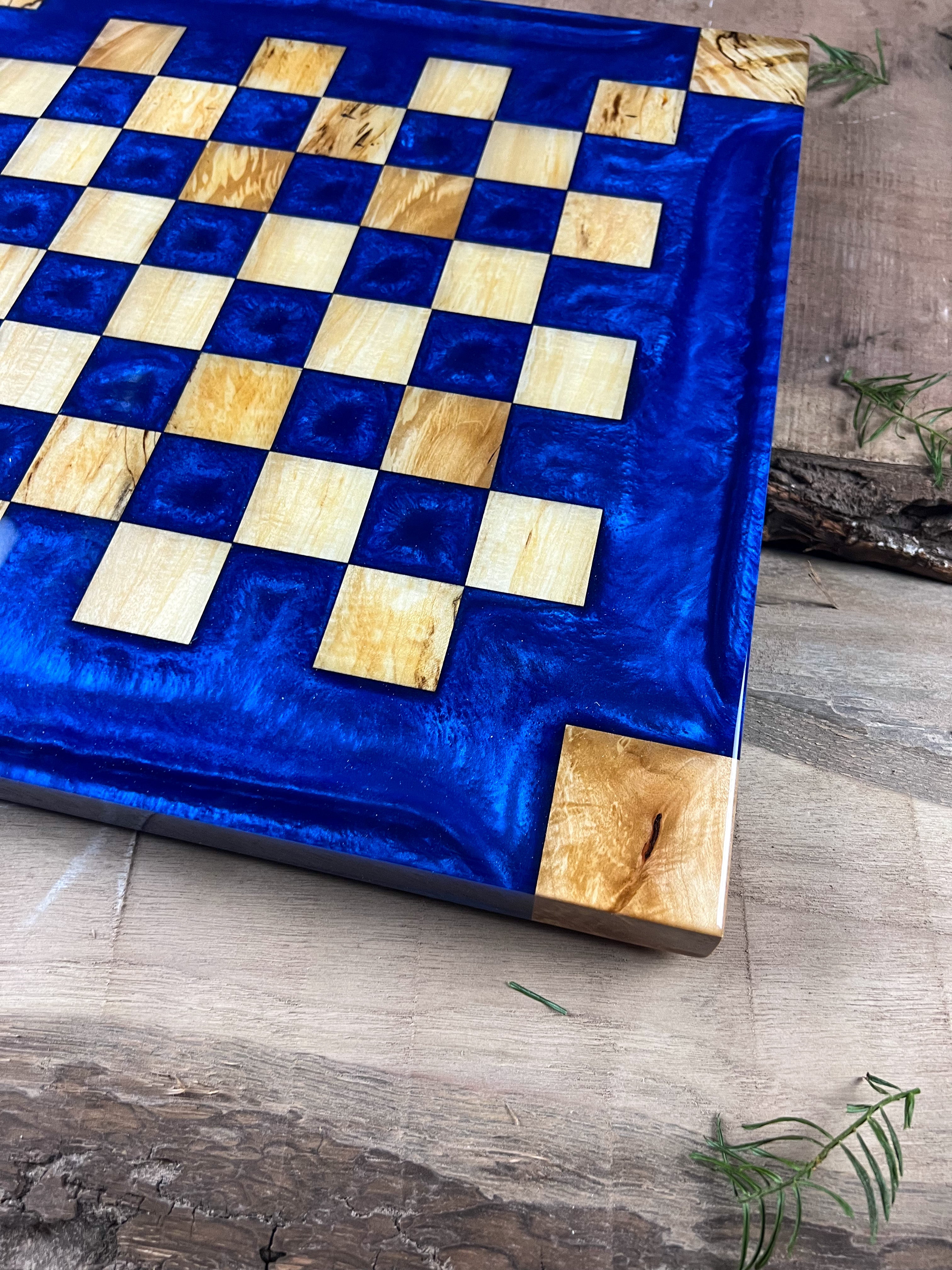 Deep Blue Maple Wood Chess Board (Glass Chess Set Included)