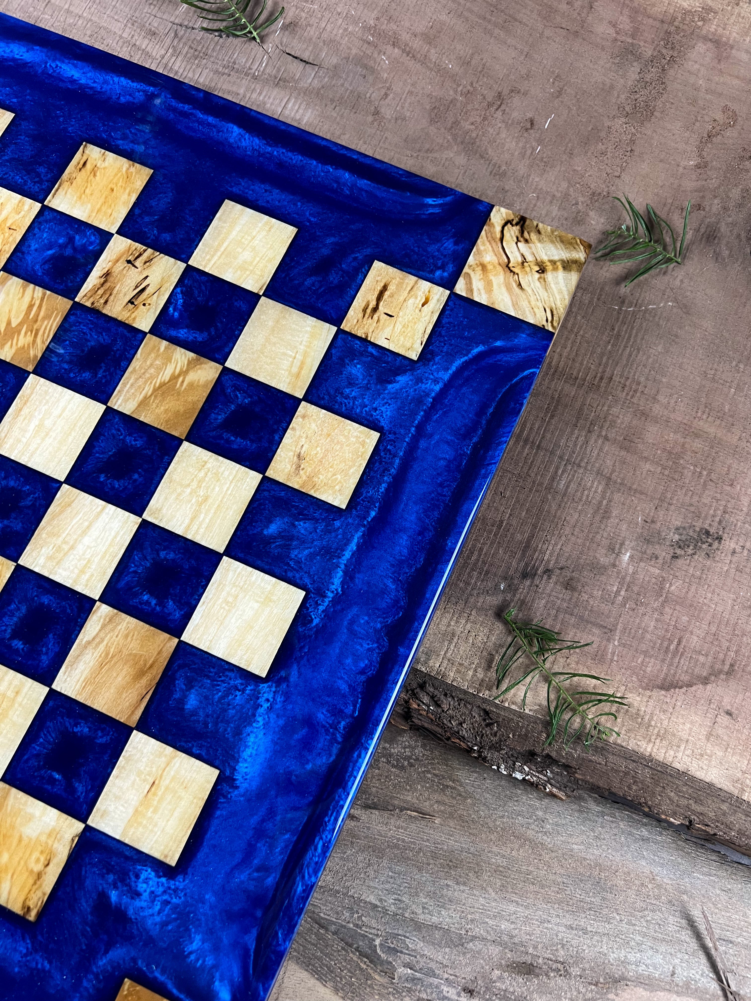 Deep Blue Maple Wood Chess Board (Glass Chess Set Included)