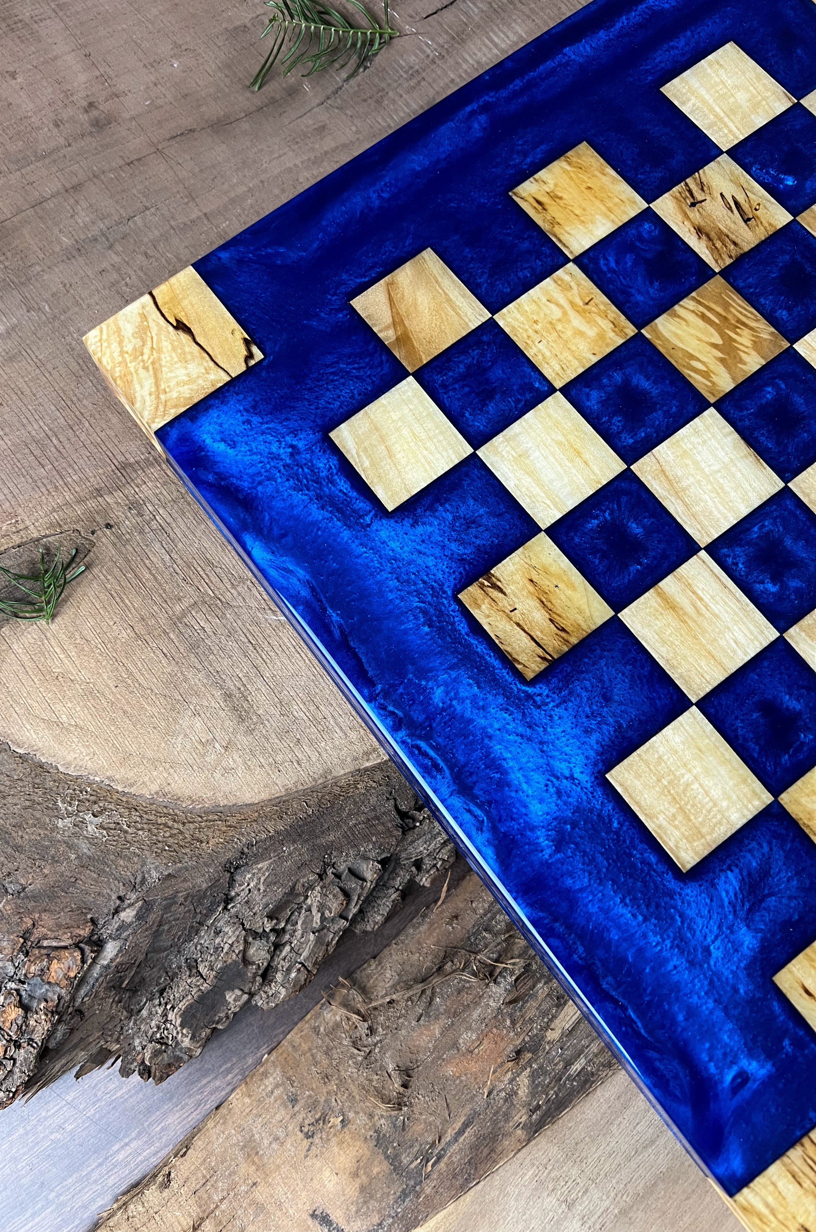 Deep Blue Maple Wood Chess Board (Glass Chess Set Included)
