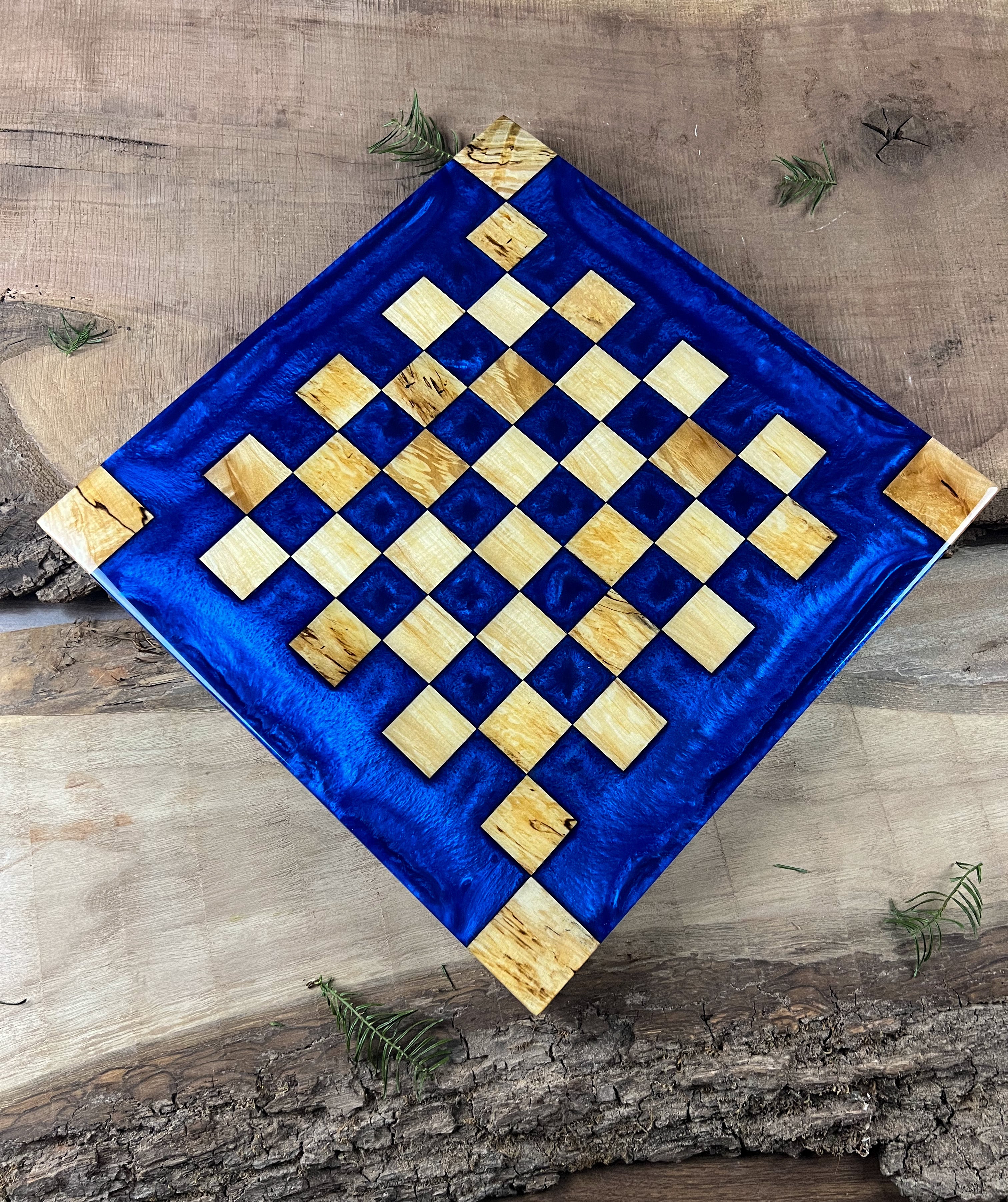 Deep Blue Maple Wood Chess Board (Glass Chess Set Included)
