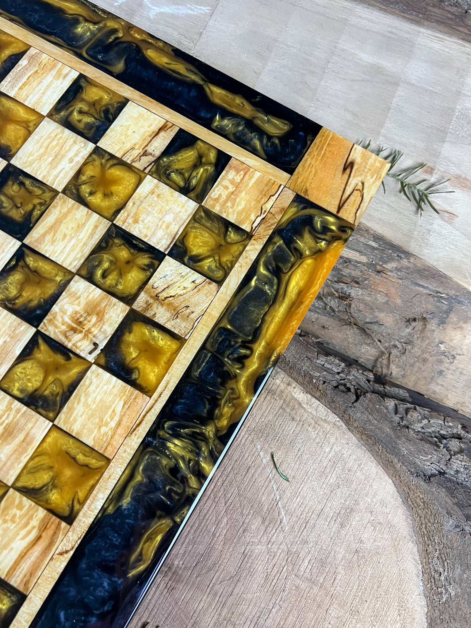 Golden Black Onyx Maple Wood Chess Board (Glass Chess Set Included)