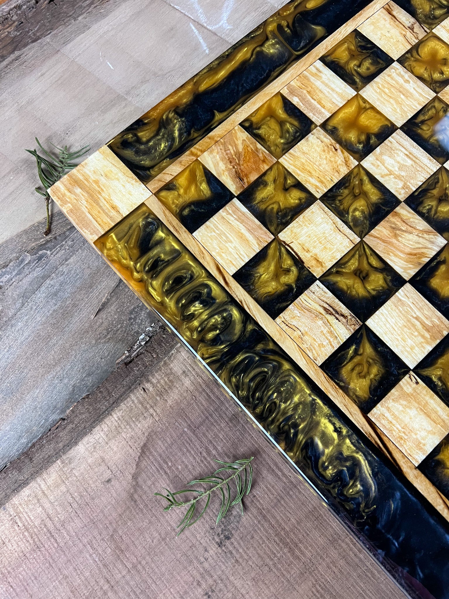 Golden Black Onyx Maple Wood Chess Board (Glass Chess Set Included)