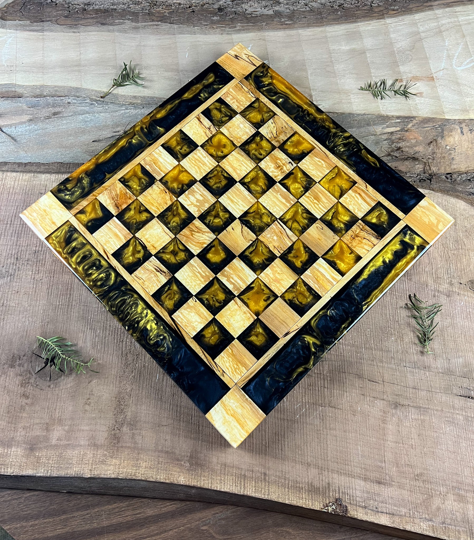 Golden Black Onyx Maple Wood Chess Board (Glass Chess Set Included)