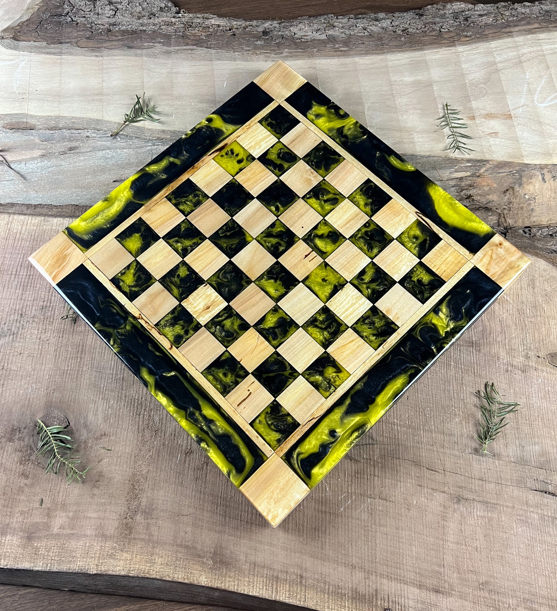 Black Onyx Yellow Maple Wood Chess Board (Glass Chess Set Included)
