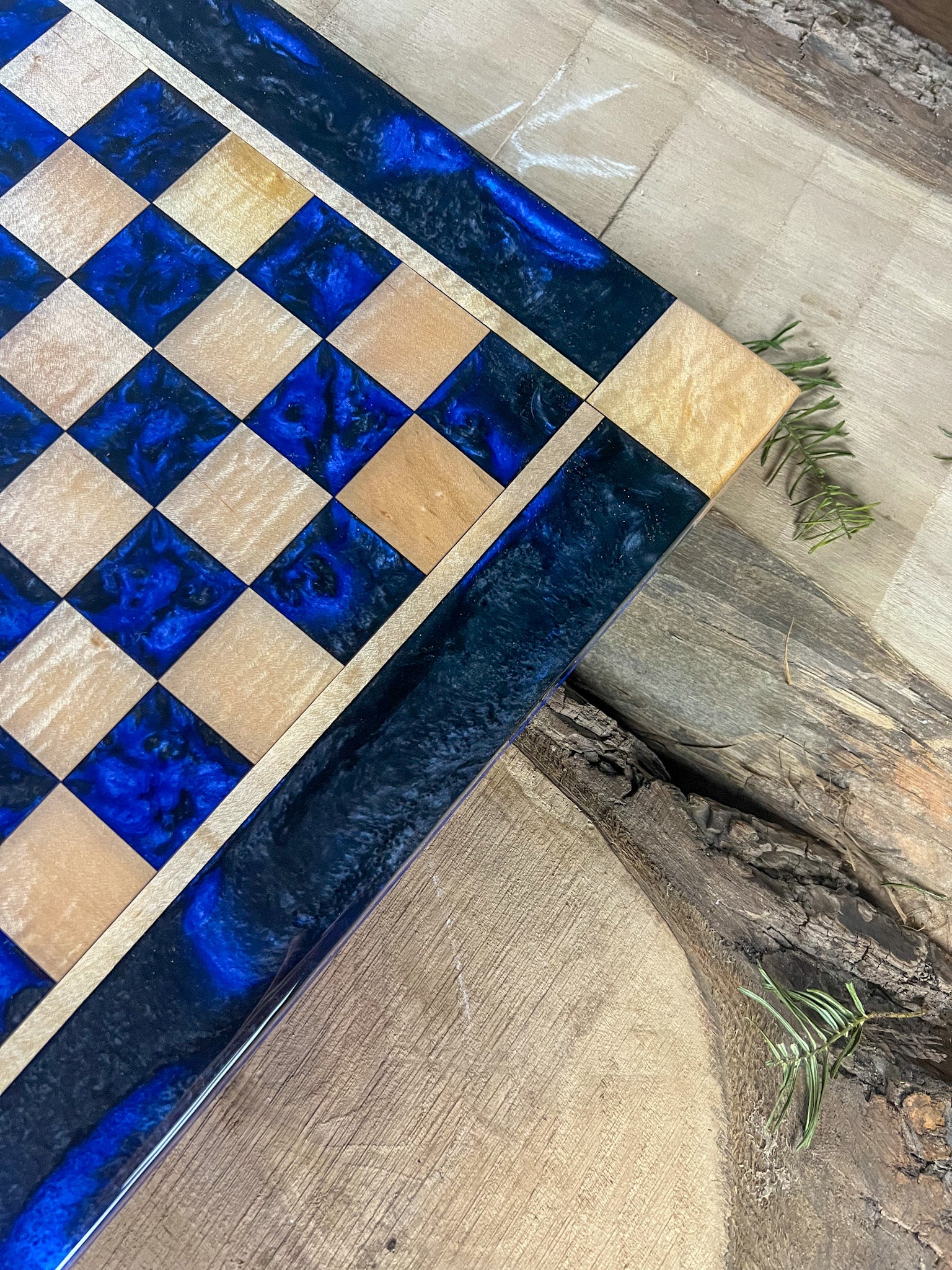 Black Onyx Deep Blue Maple Wood Chess Board (Glass Chess Set Included)