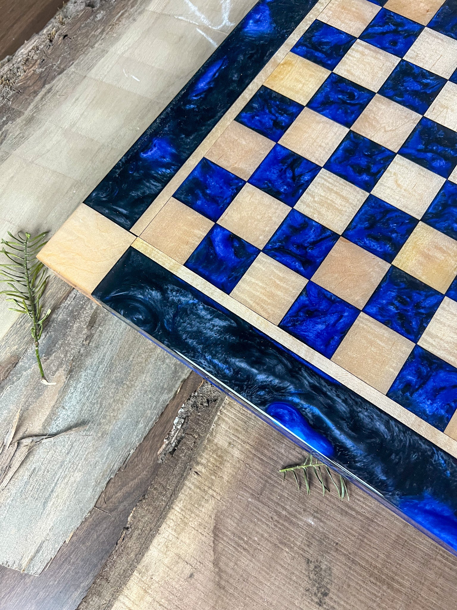 Black Onyx Deep Blue Maple Wood Chess Board (Glass Chess Set Included)