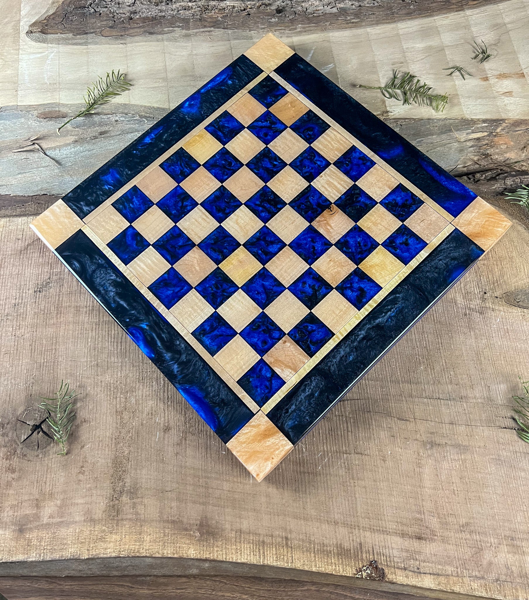Black Onyx Deep Blue Maple Wood Chess Board (Glass Chess Set Included)