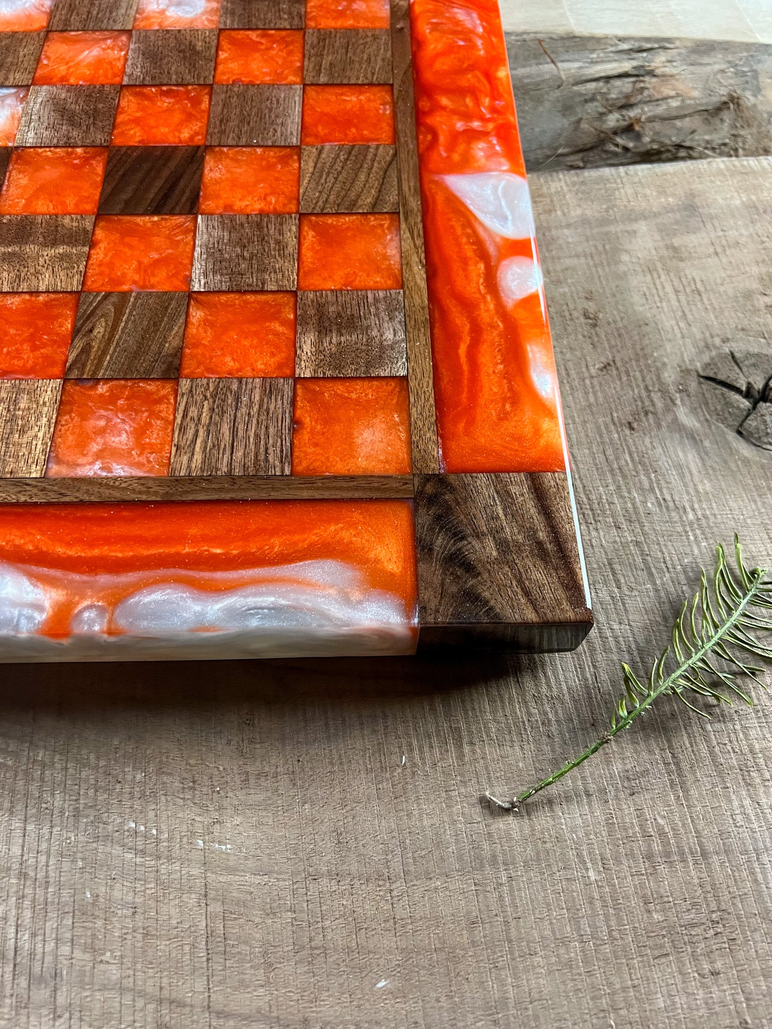 Pearl White Orange Black Walnut Chess Board (Glass Chess Set Included)
