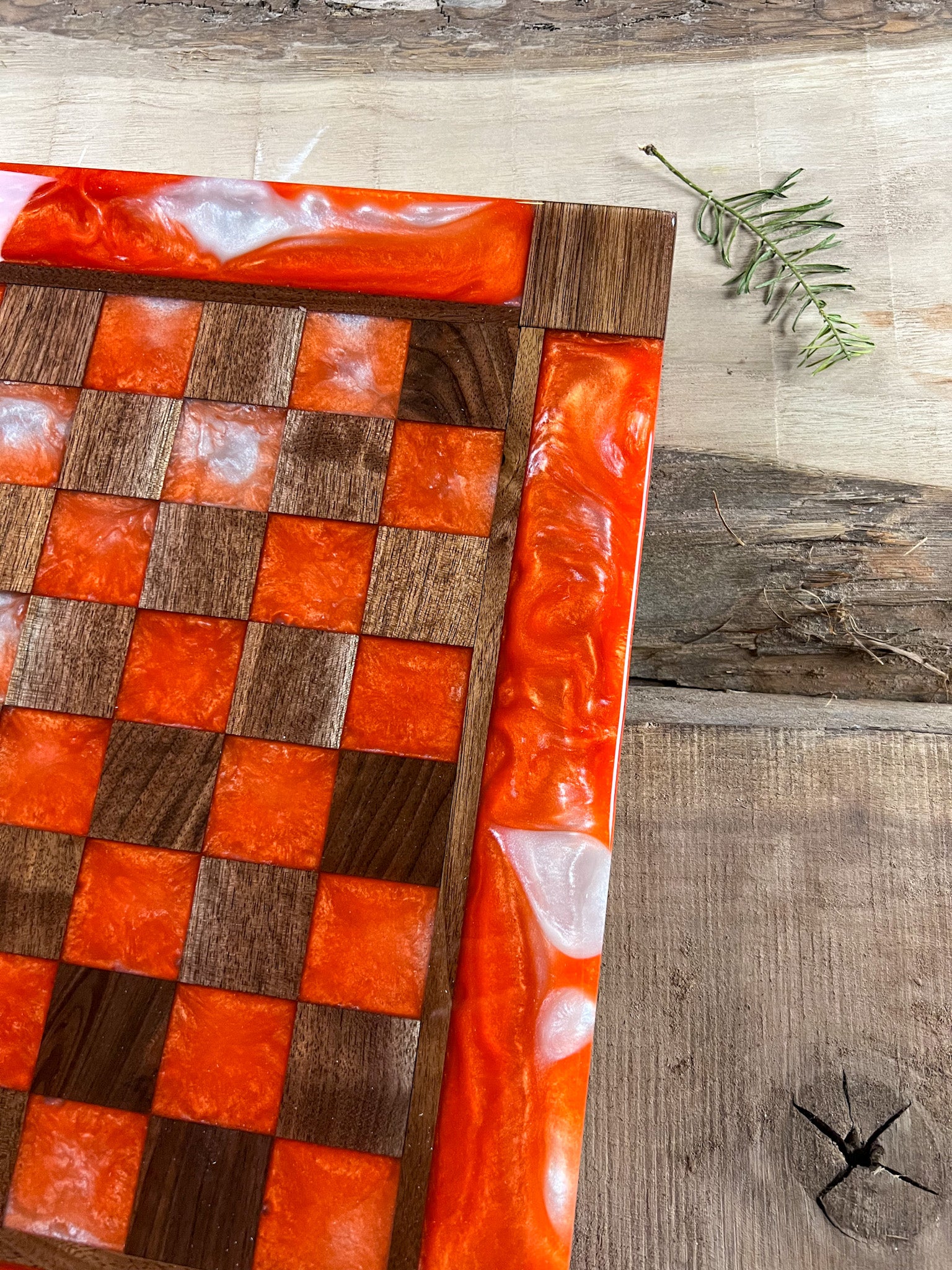 Pearl White Orange Black Walnut Chess Board (Glass Chess Set Included)