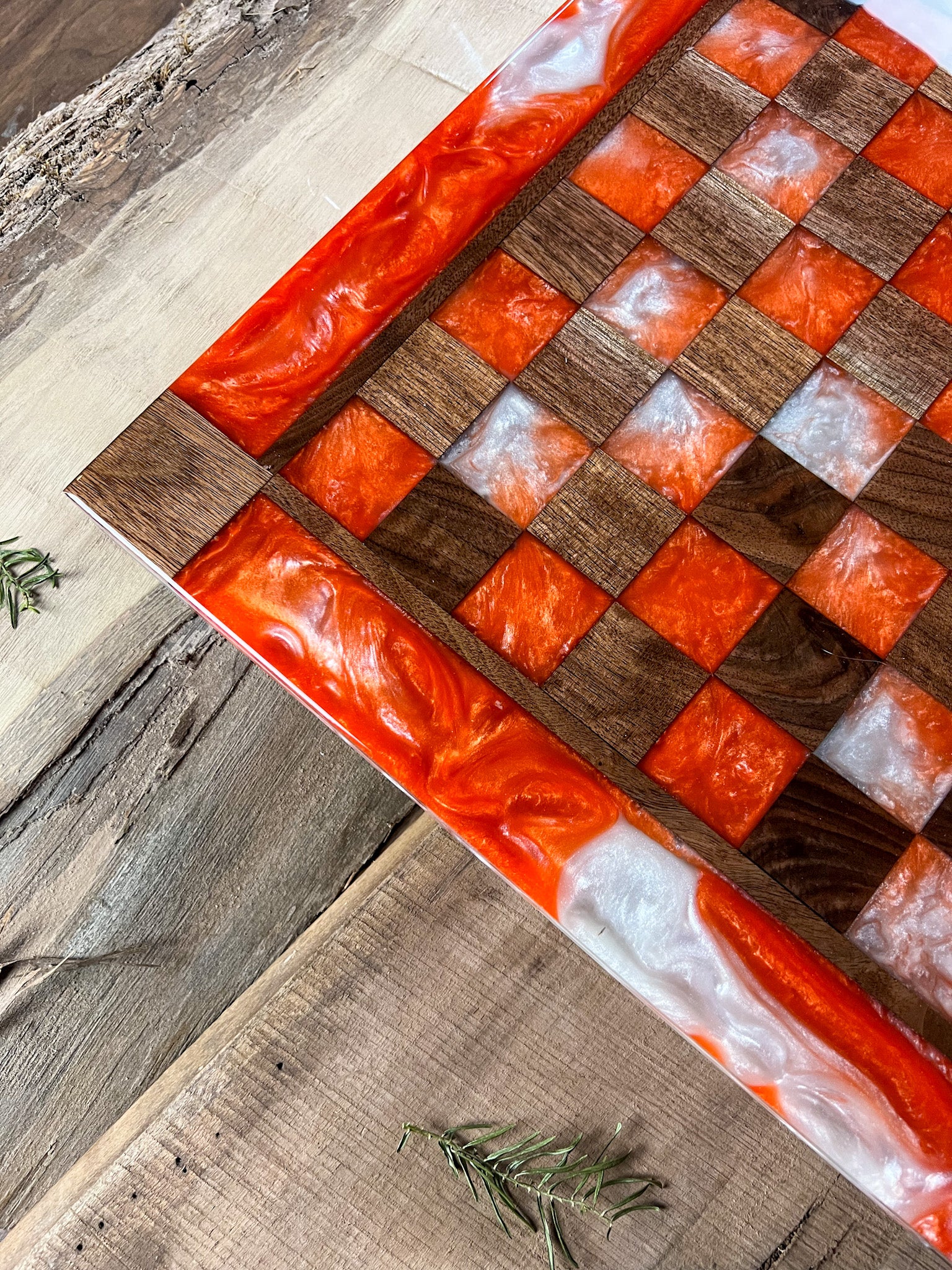 Pearl White Orange Black Walnut Chess Board (Glass Chess Set Included)