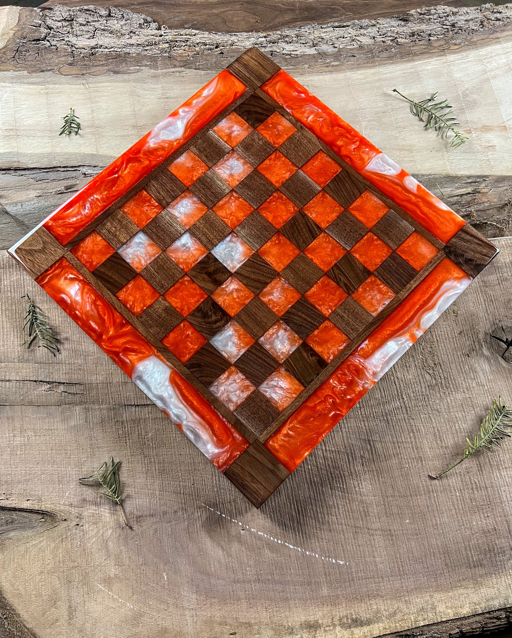 Pearl White Orange Black Walnut Chess Board (Glass Chess Set Included)
