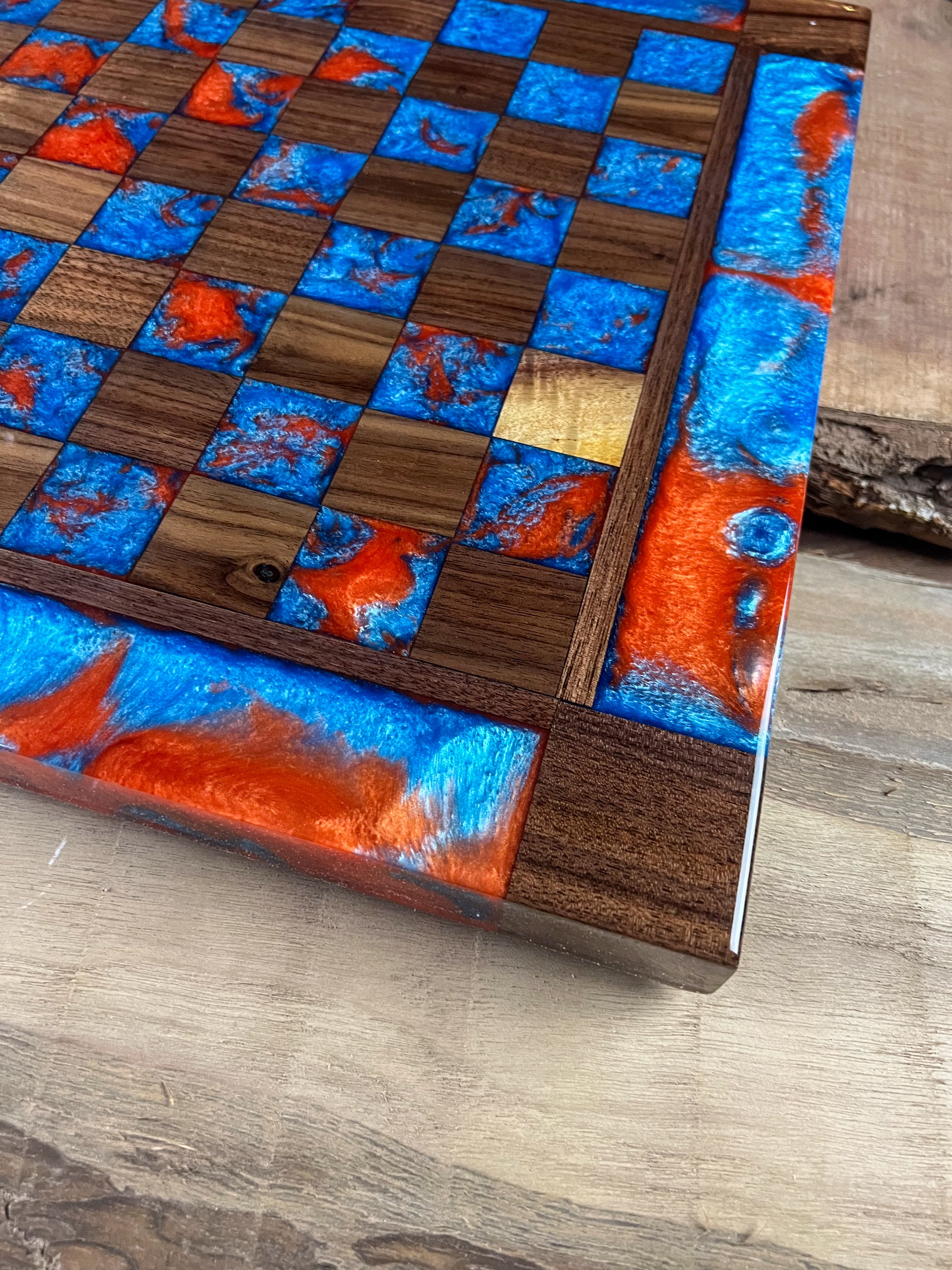 Caribbean Blue Vivid Orange Walnut Chess Board (With Border)