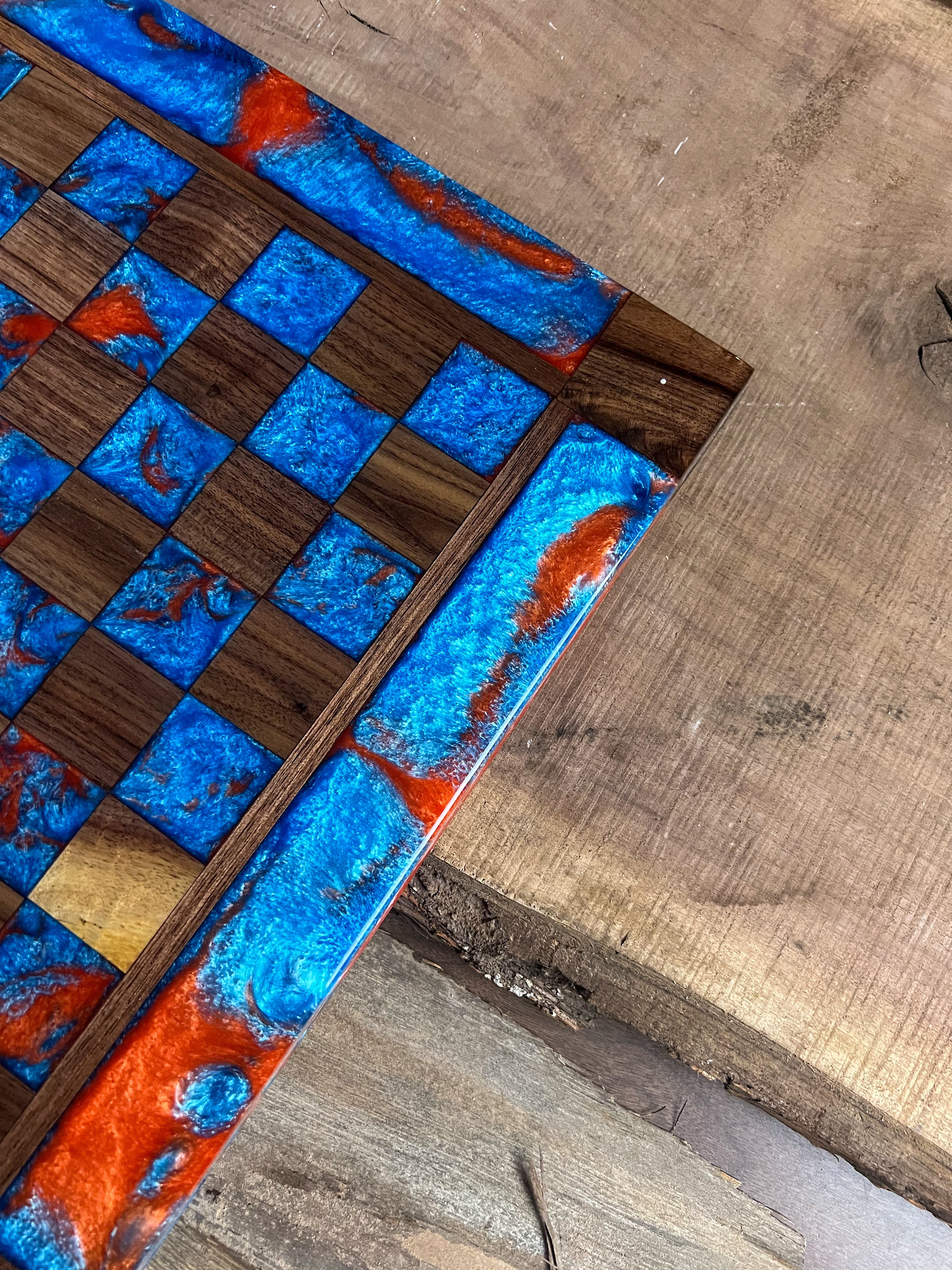 Caribbean Blue Vivid Orange Walnut Chess Board (With Border)