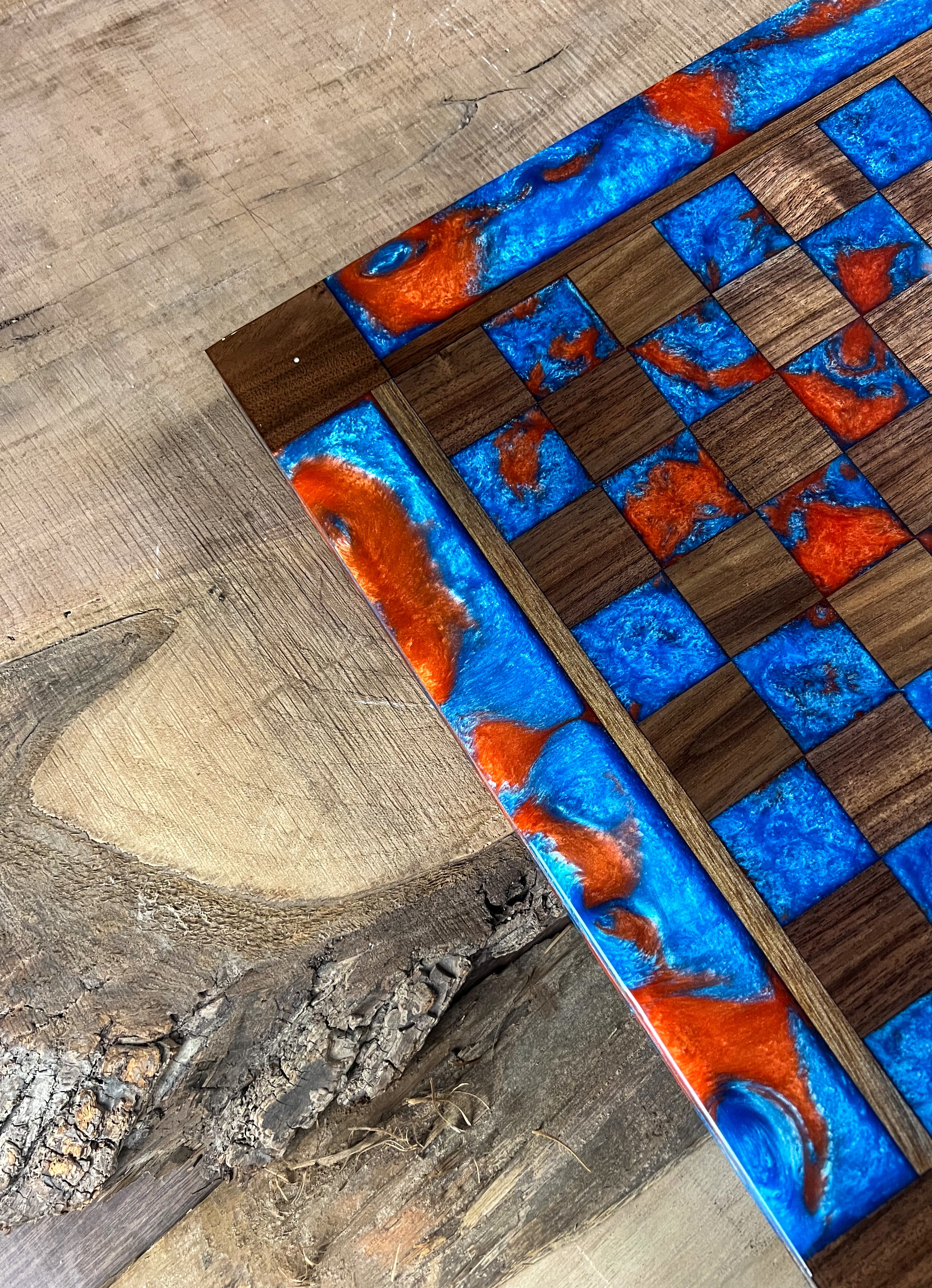 Caribbean Blue Vivid Orange Walnut Chess Board (With Border)