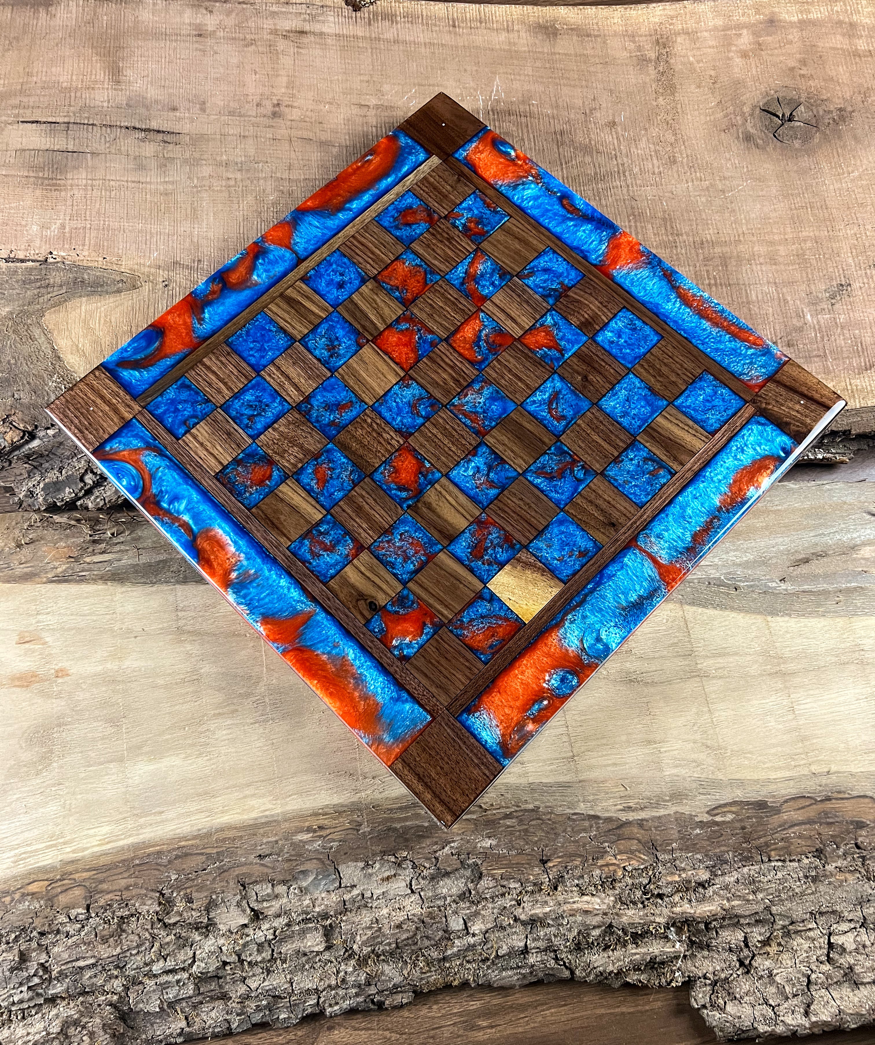 Caribbean Blue Vivid Orange Walnut Chess Board (With Border)