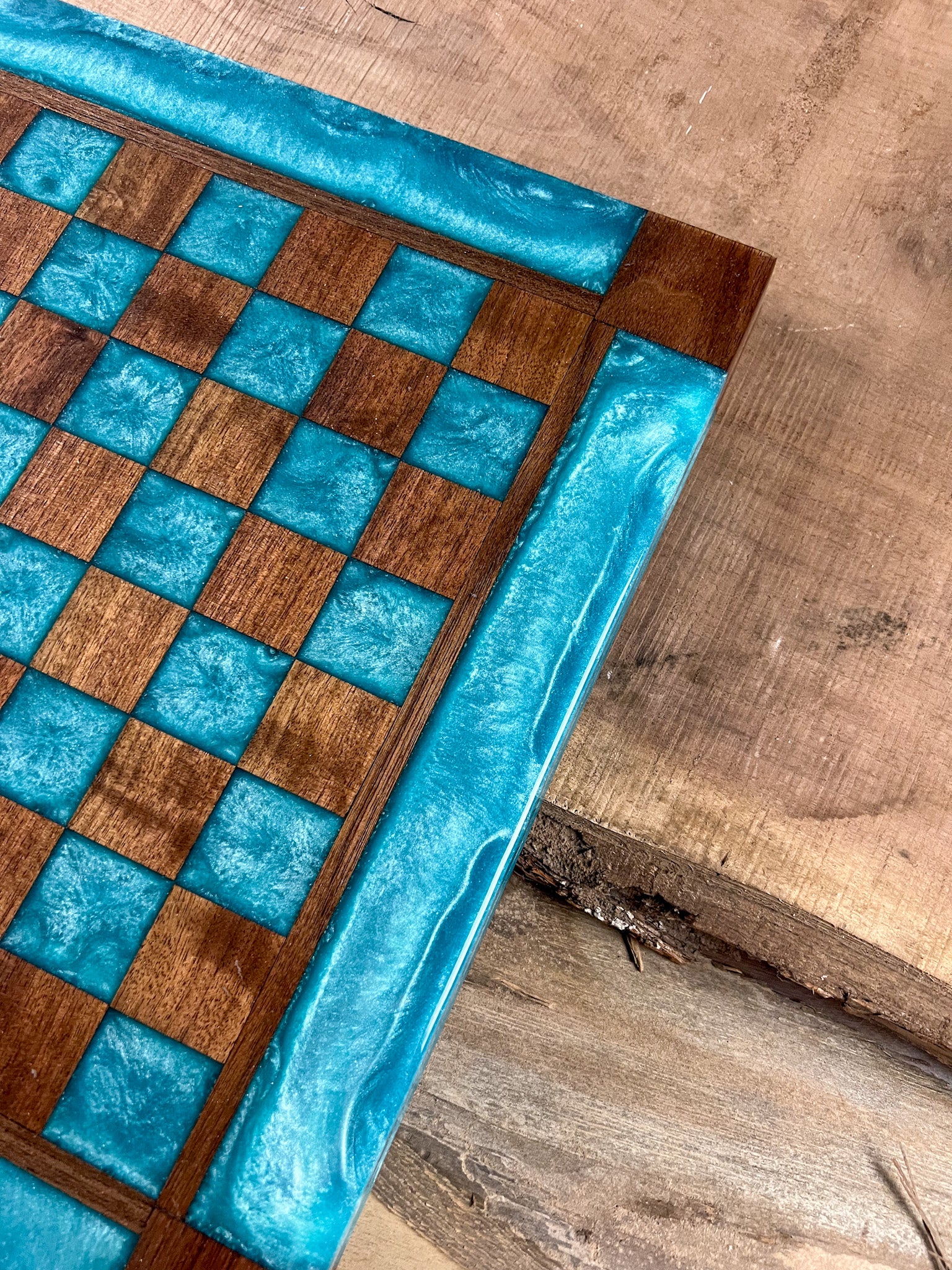 Turquoise Diamond Black Walnut Chess Board (Glass Chess Set Included)