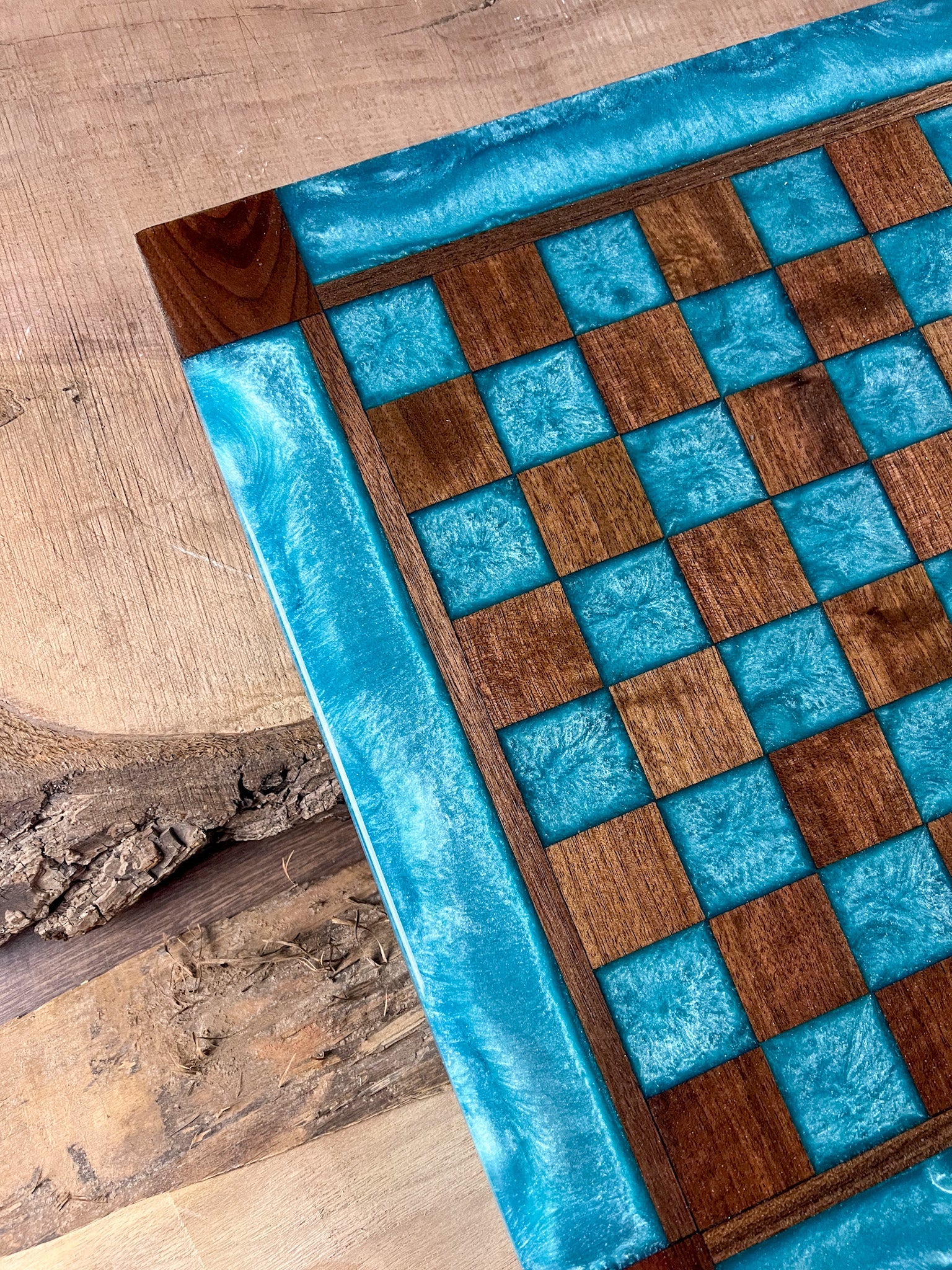 Turquoise Diamond Black Walnut Chess Board (Glass Chess Set Included)
