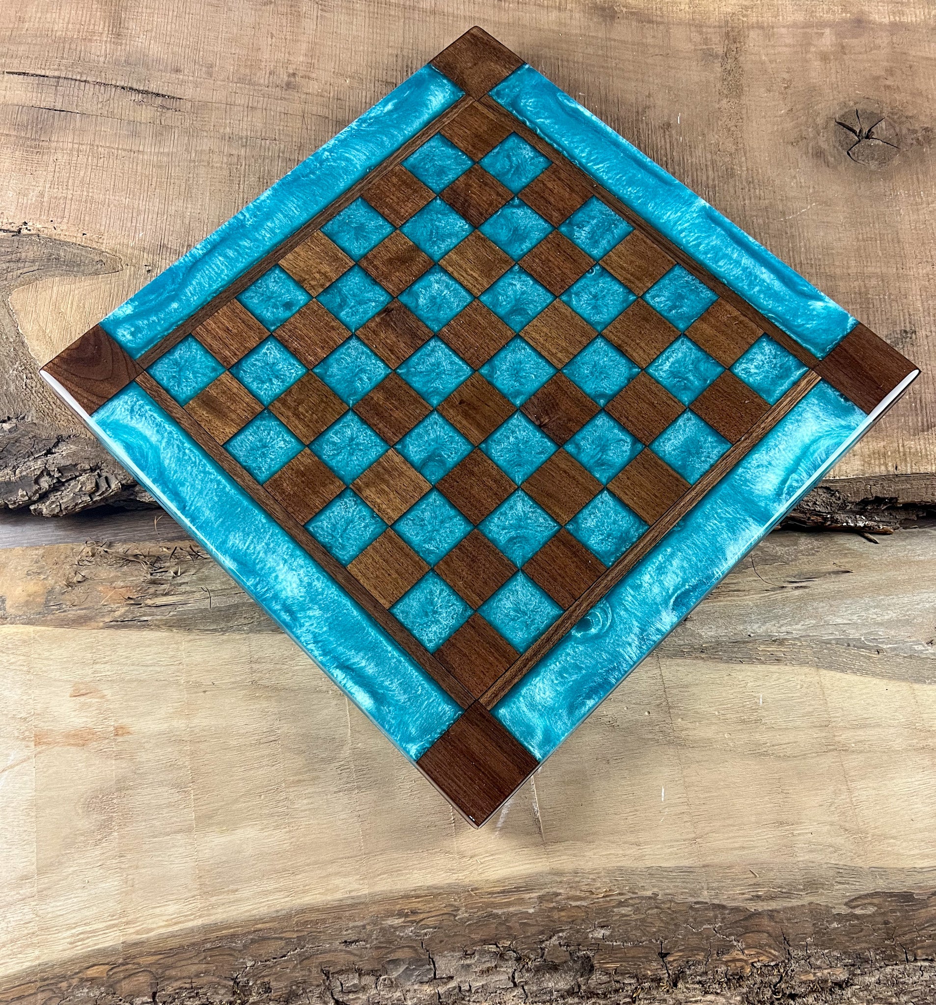 Turquoise Diamond Black Walnut Chess Board (Glass Chess Set Included)