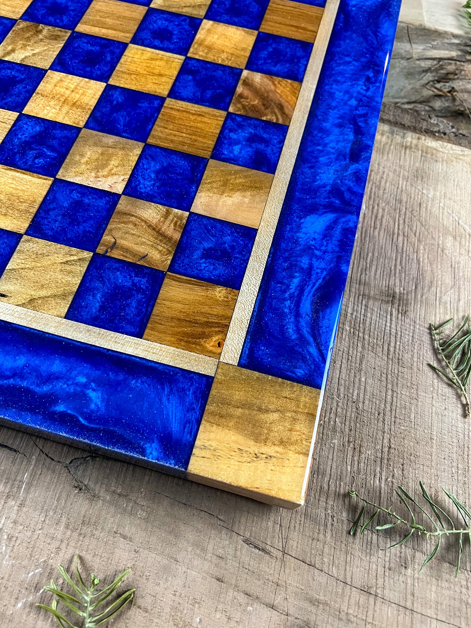 Deep Blue Maple Wood Chess Board (Glass Chess Set Included)