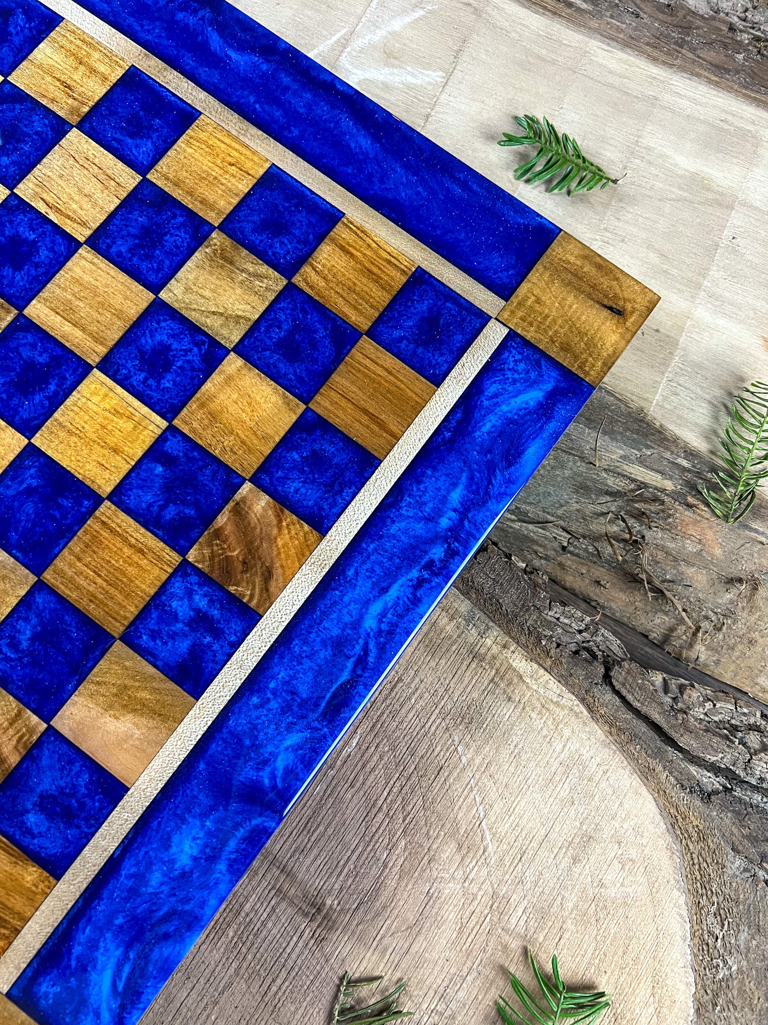 Deep Blue Maple Wood Chess Board (Glass Chess Set Included)
