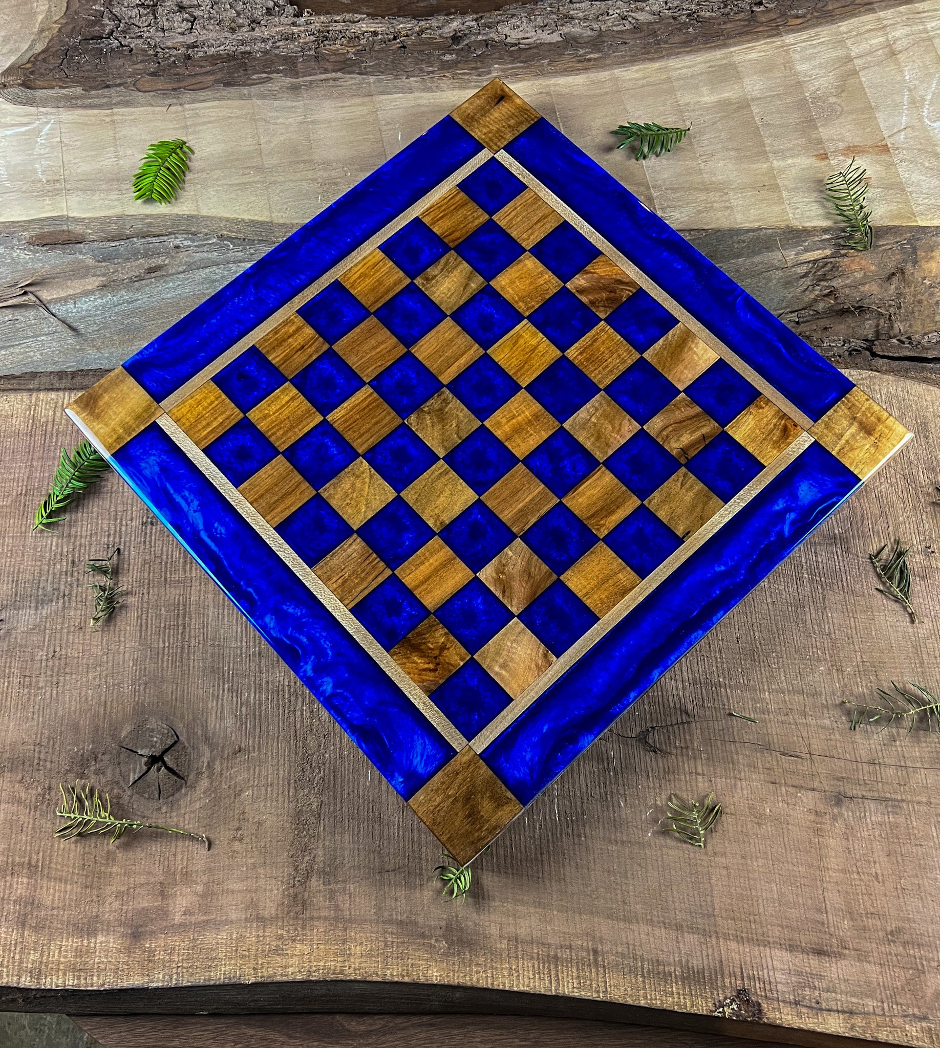 Deep Blue Maple Wood Chess Board (Glass Chess Set Included)
