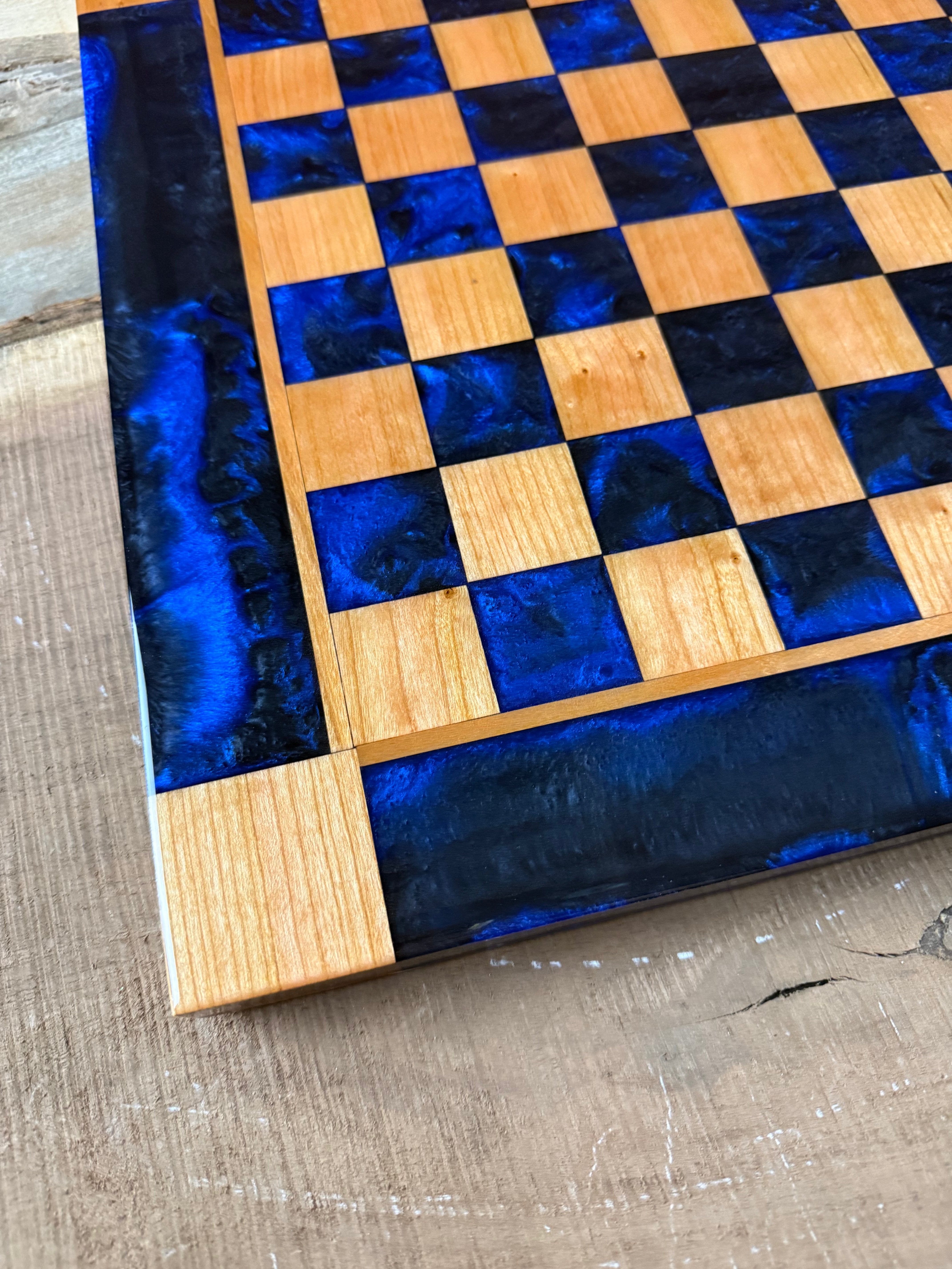 Deep Blue/Black Onyx Cherry Wood Chess/Checker Board