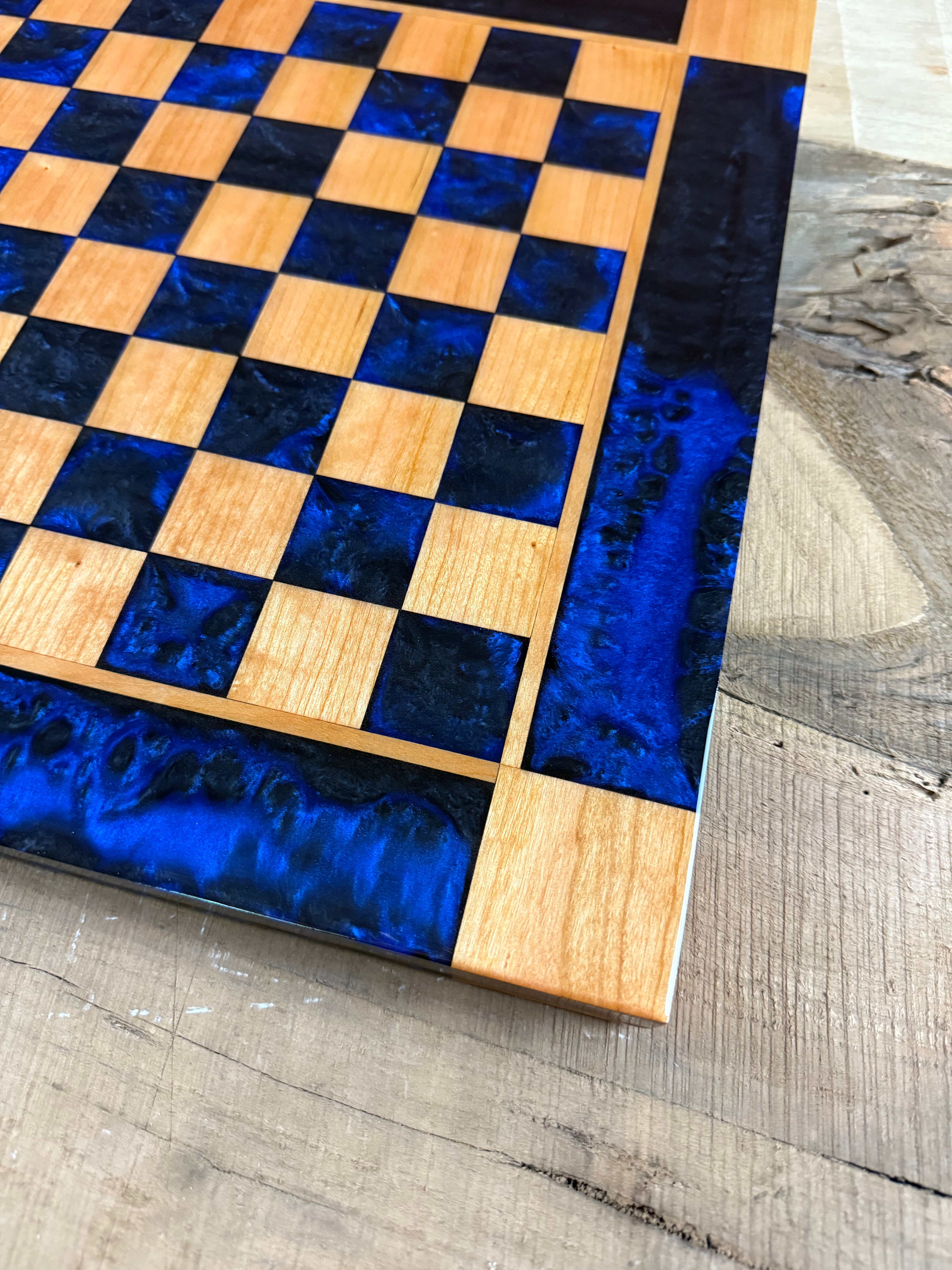 Deep Blue/Black Onyx Cherry Wood Chess/Checker Board