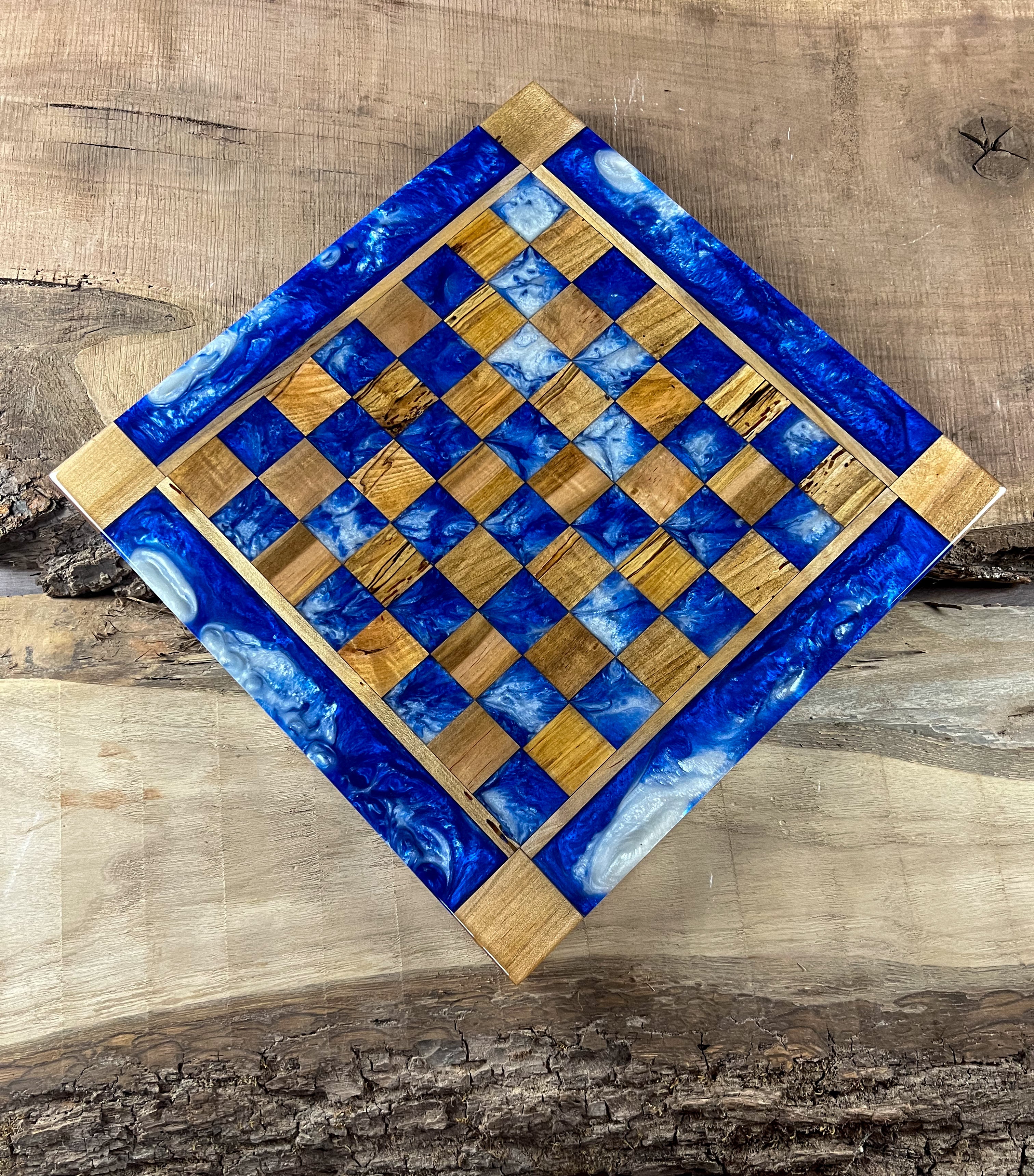 Deep Blue Cloud Maple Wood Chess Board (Glass Chess Set Included)