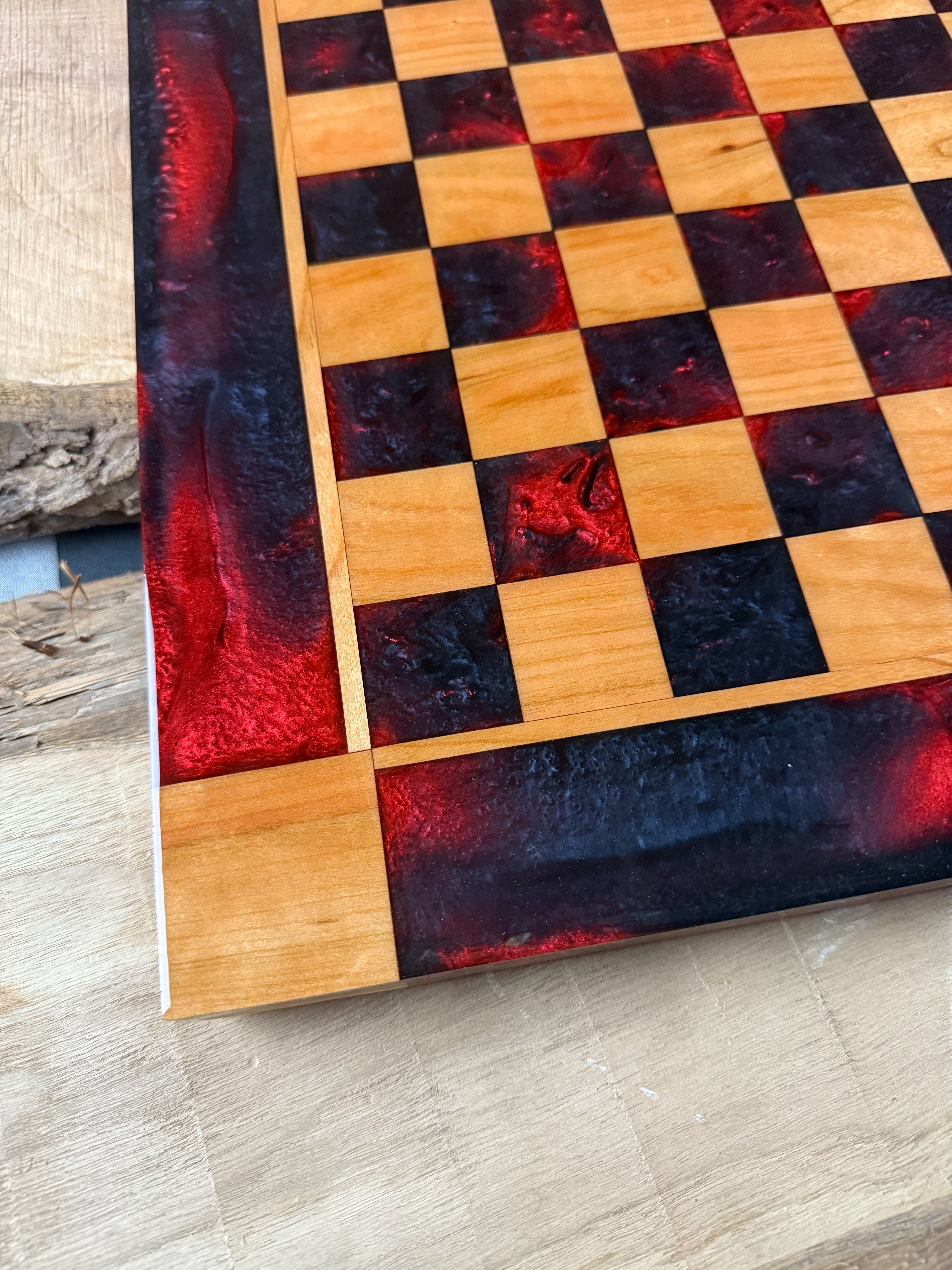 Black Onyx/Red Lava Cherry Wood Chess/Checker Board