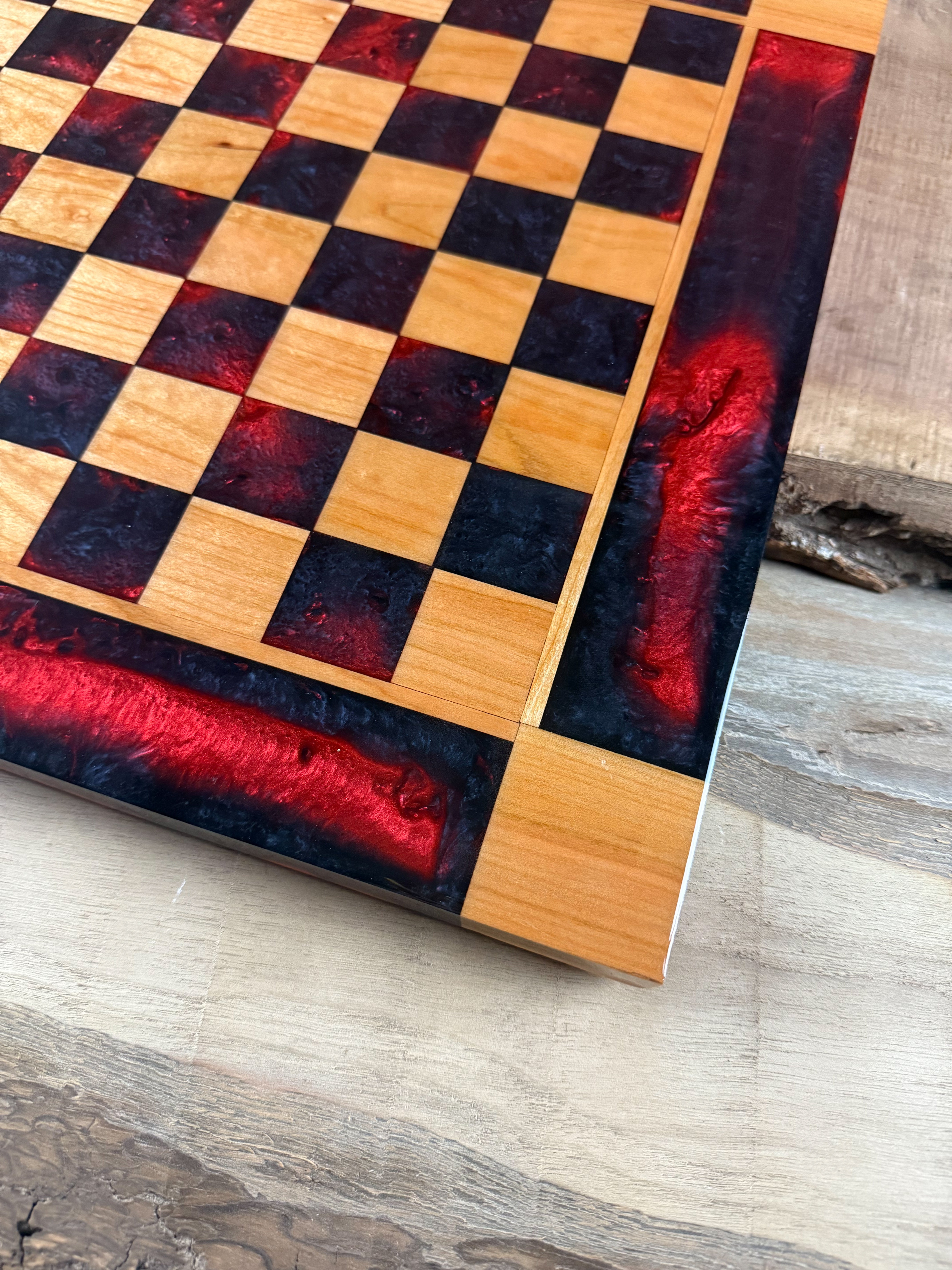 Black Onyx/Red Lava Cherry Wood Chess/Checker Board