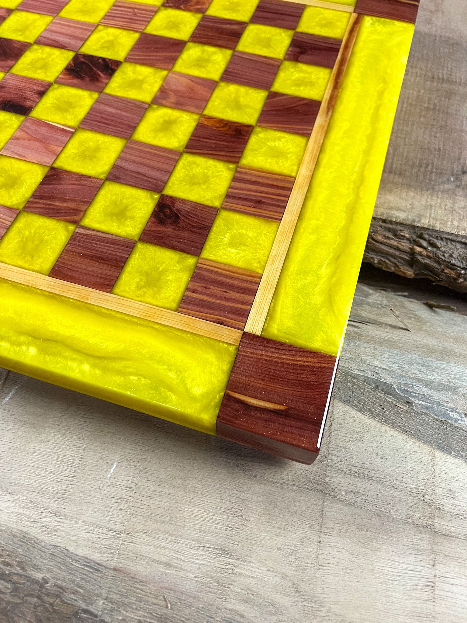 Vivid Yellow Cedar Chess Board (Glass Chess Set Included)