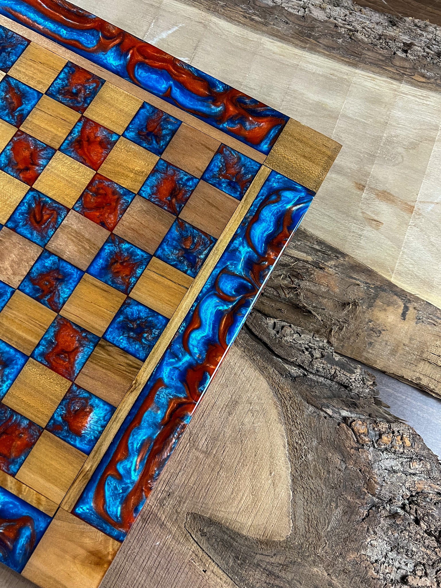 Caribbean Blue Vivid Orange Maple Wood Chess Board (With Border)