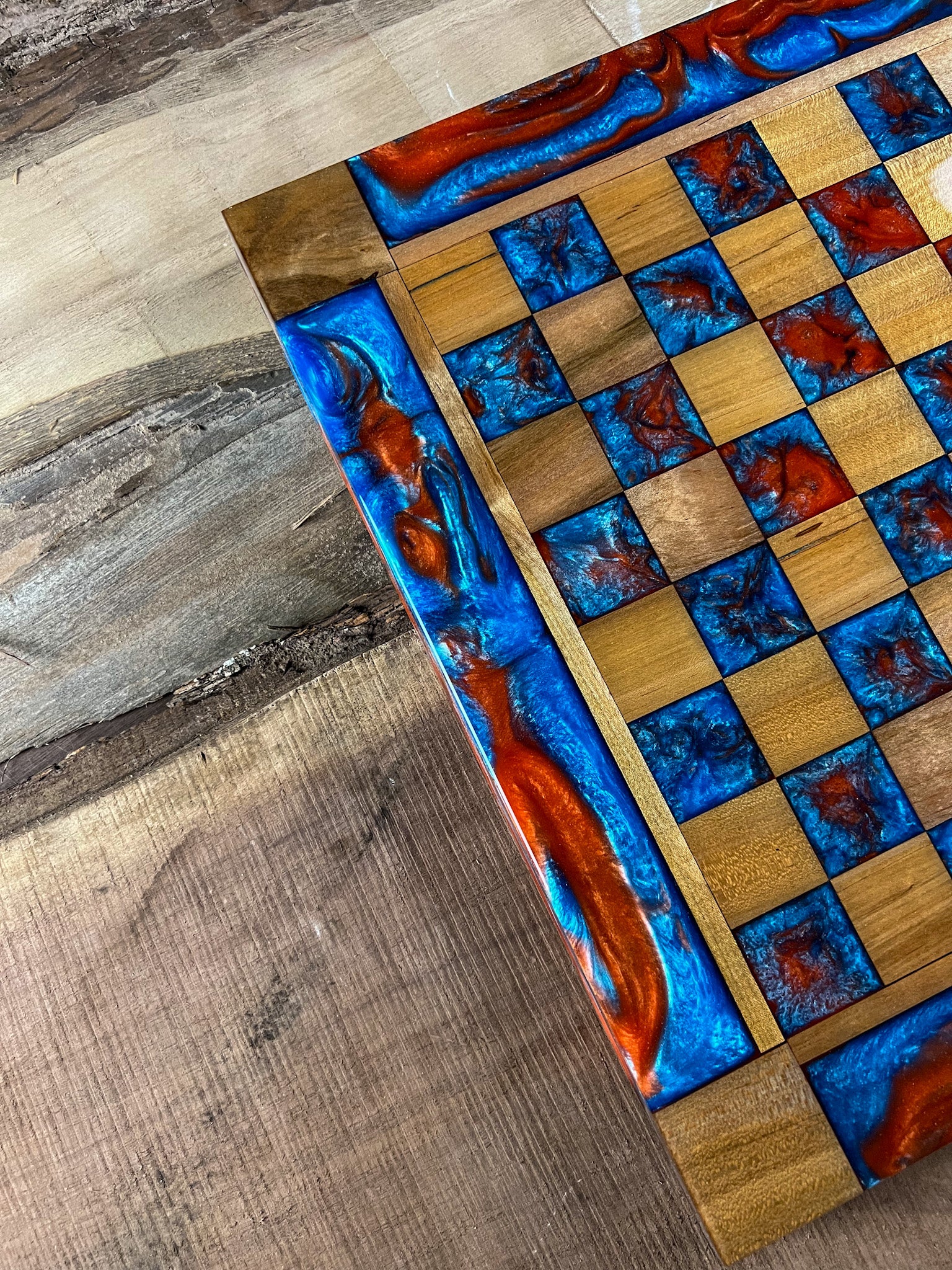 Caribbean Blue Vivid Orange Maple Wood Chess Board (With Border)