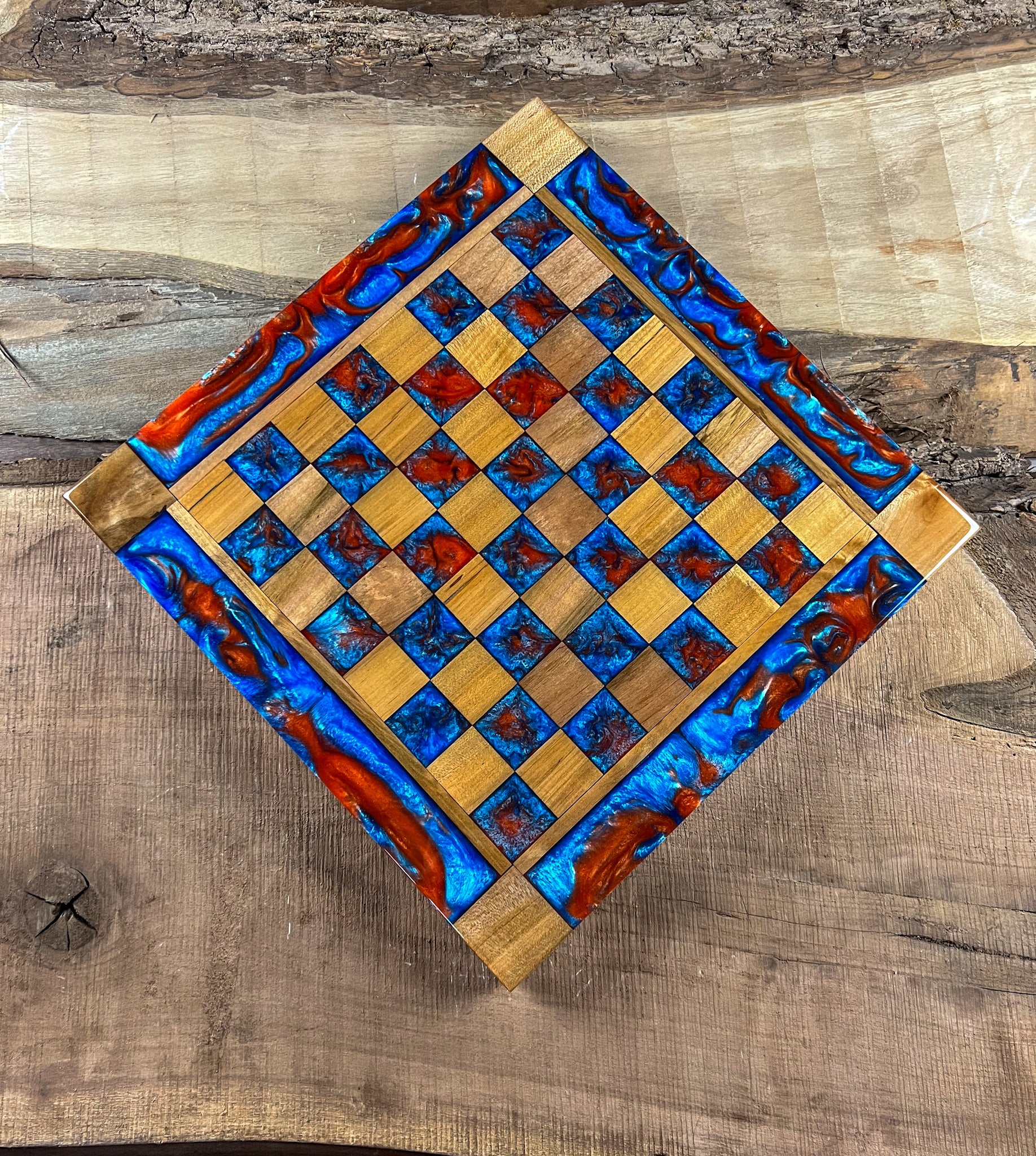 Caribbean Blue Vivid Orange Maple Wood Chess Board (With Border)