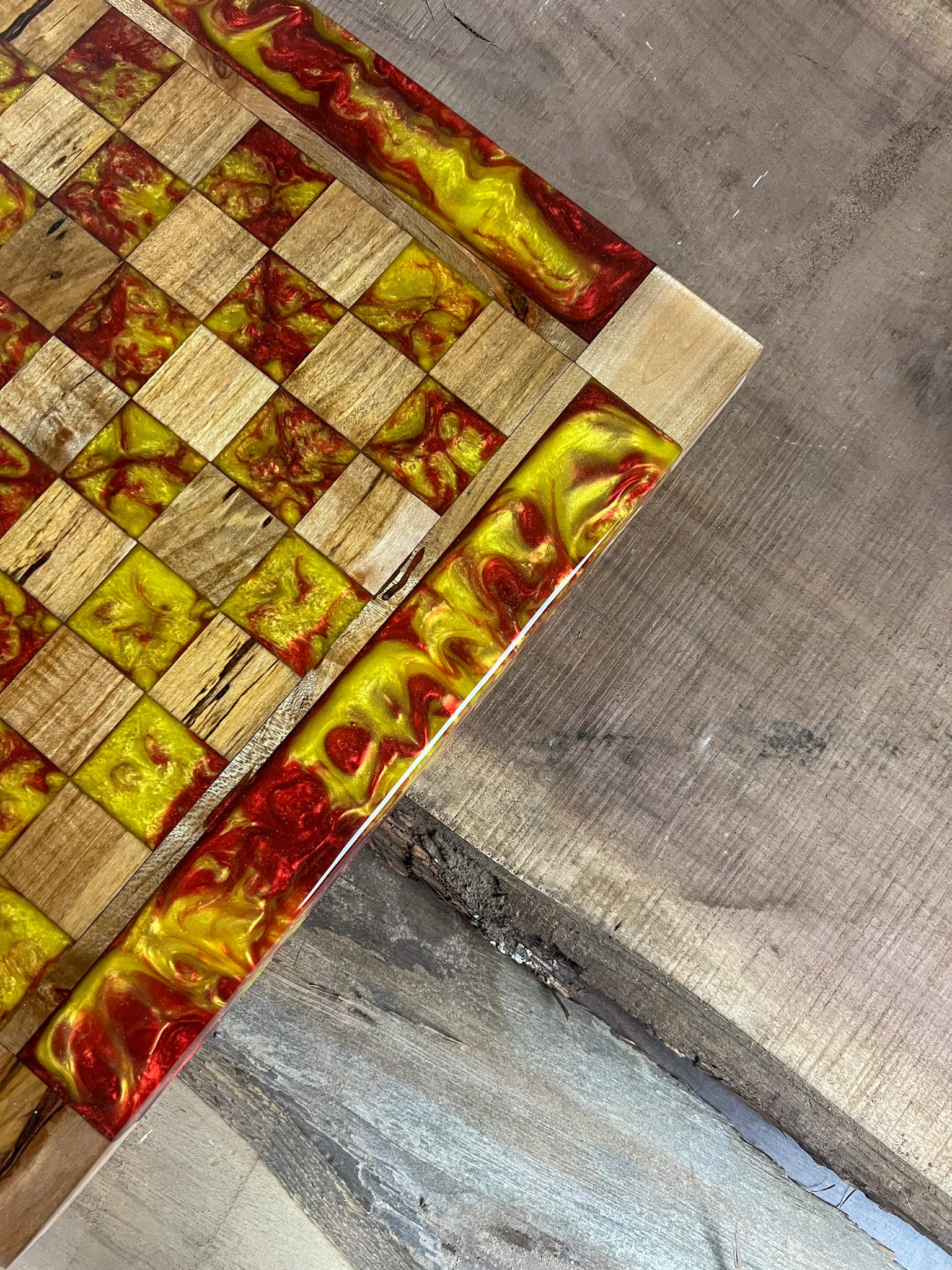 Vivid Yellow Red Lava Maple Wood Chess Board (Glass Chess Set Included)