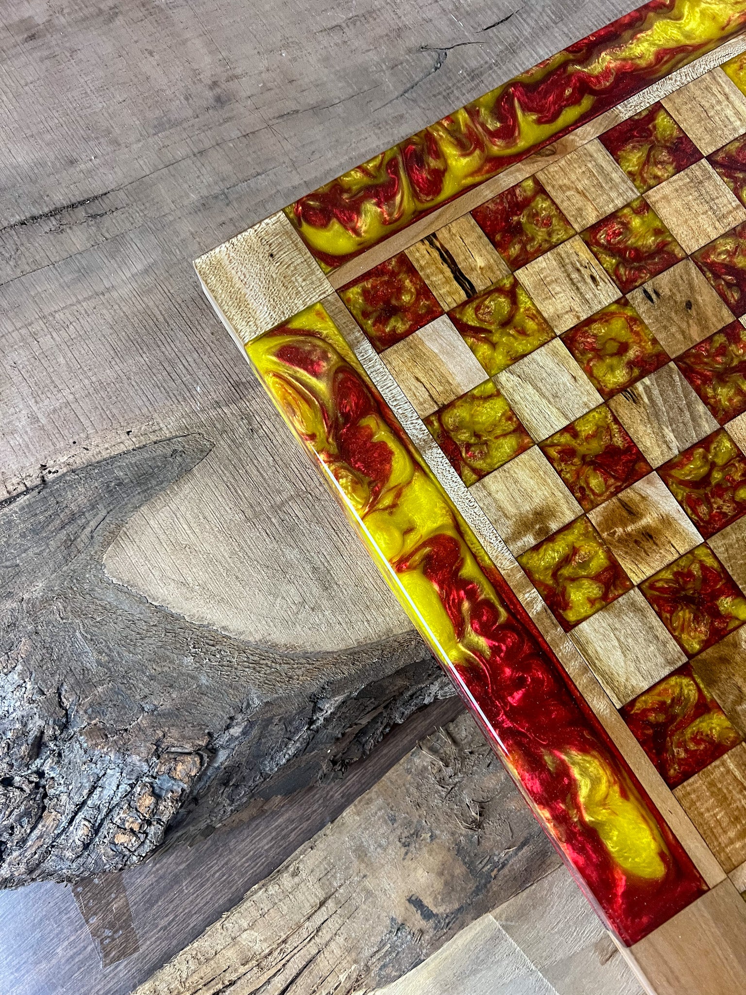 Vivid Yellow Red Lava Maple Wood Chess Board (Glass Chess Set Included)