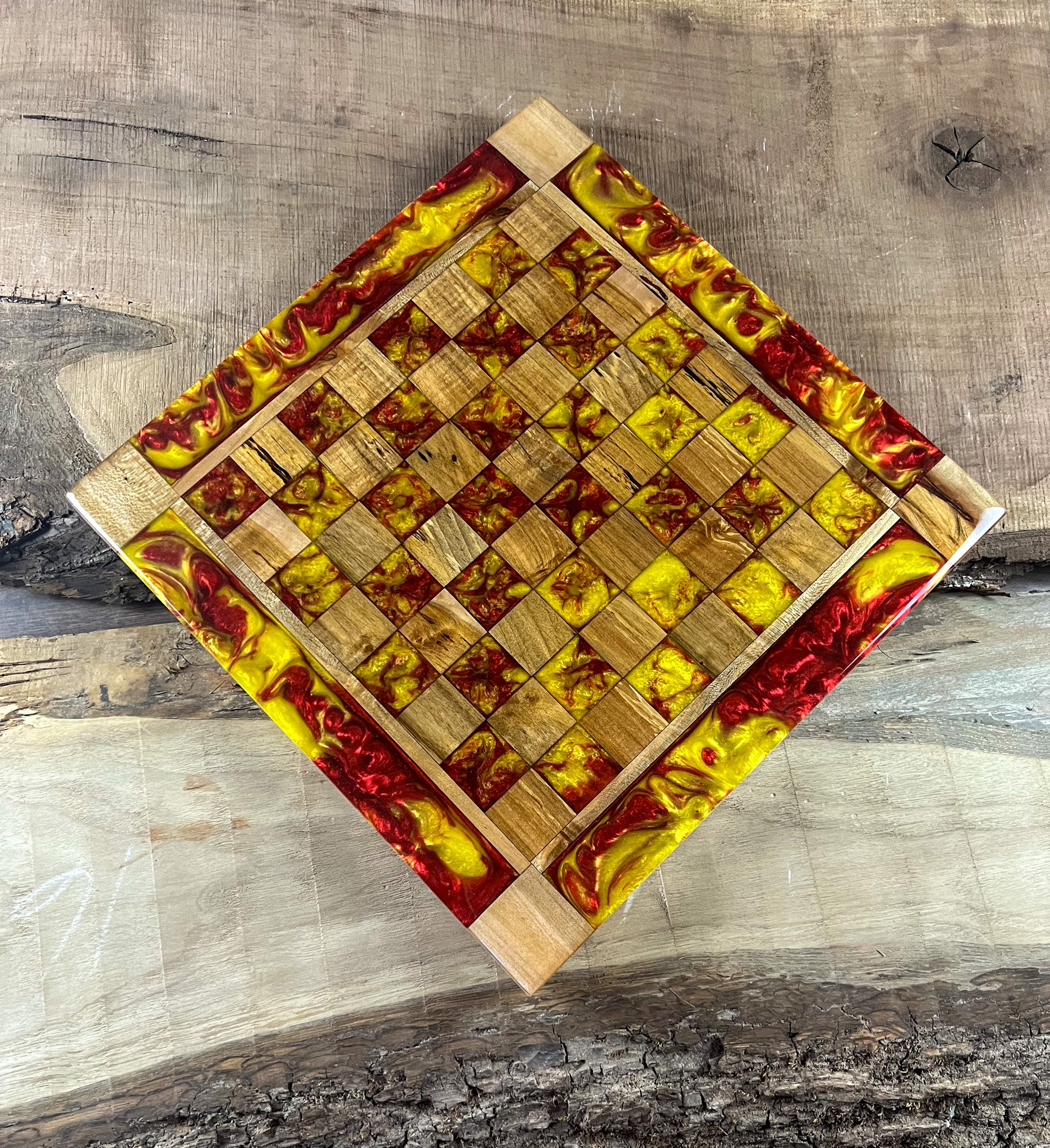 Vivid Yellow Red Lava Maple Wood Chess Board (Glass Chess Set Included)