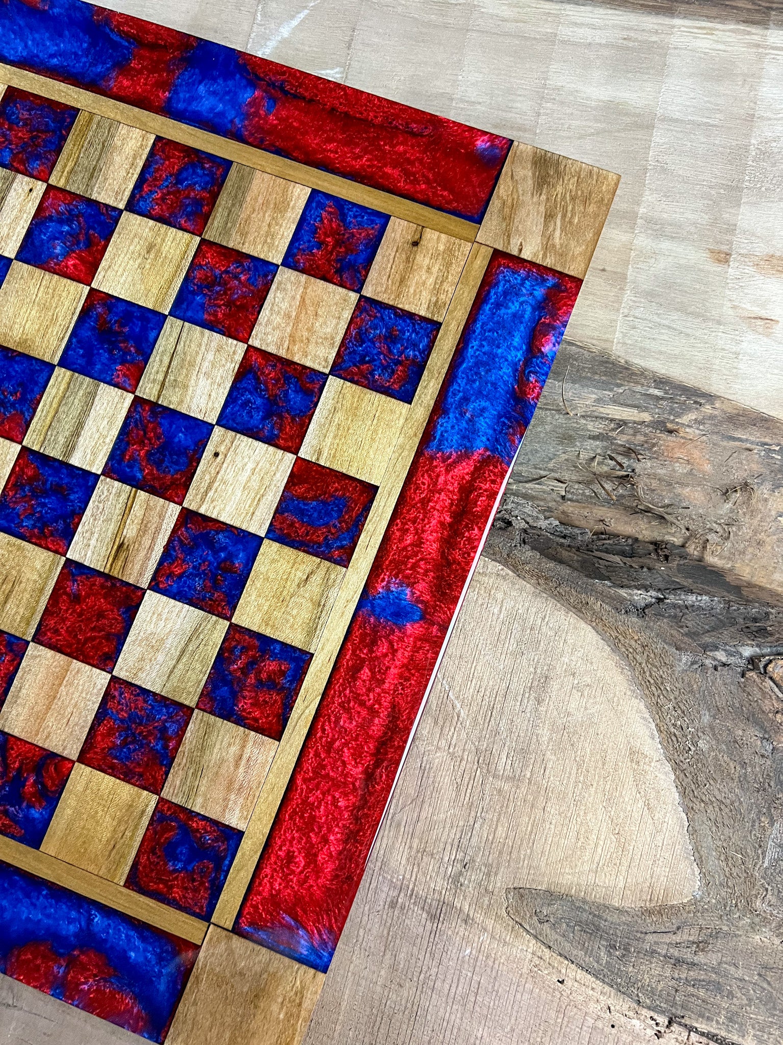 Deep Blue Red Lava Maple Wood Chess Board (Glass Chess Set Included)