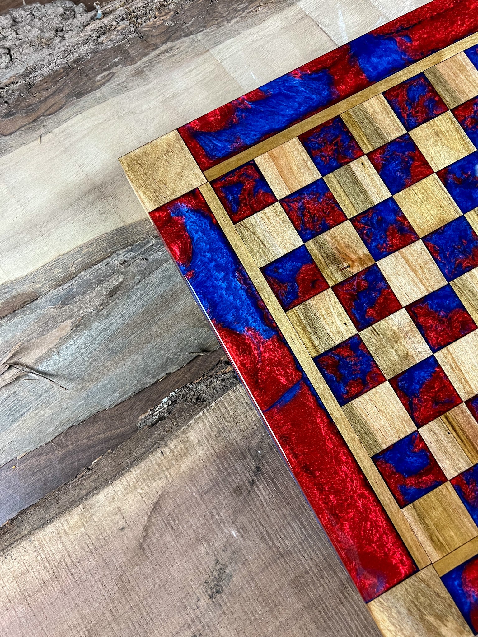 Deep Blue Red Lava Maple Wood Chess Board (Glass Chess Set Included)