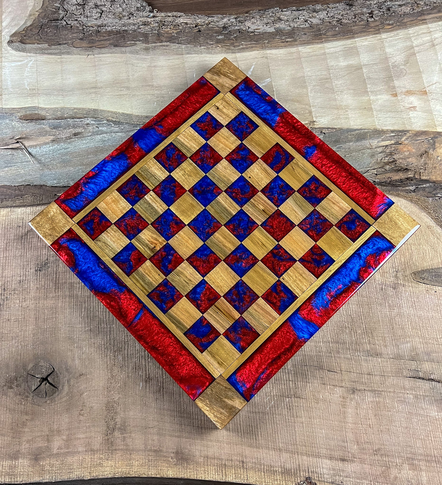 Deep Blue Red Lava Maple Wood Chess Board (Glass Chess Set Included)