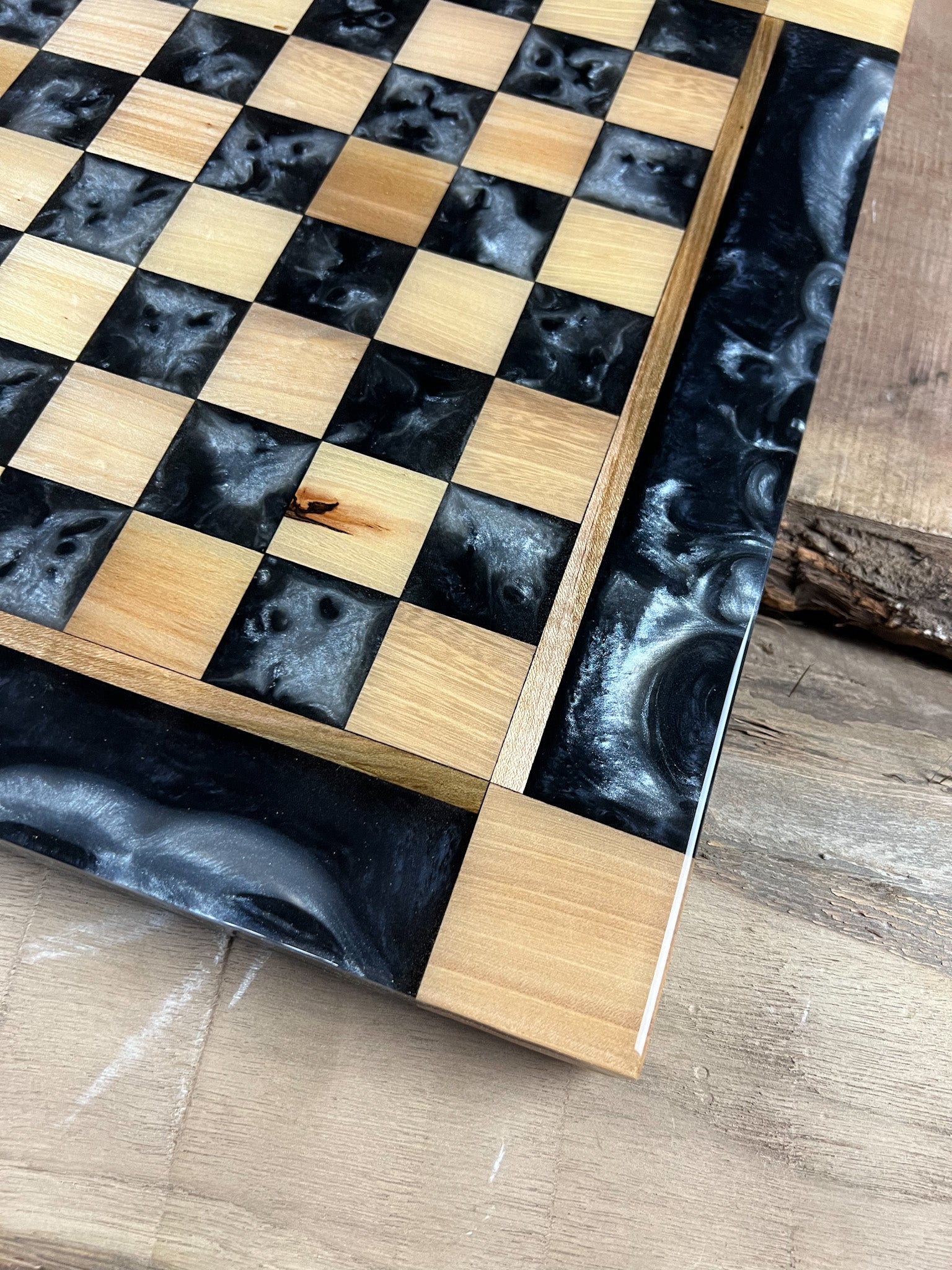 Black Onyx Silver Maple Wood Chess Board (With Border)
