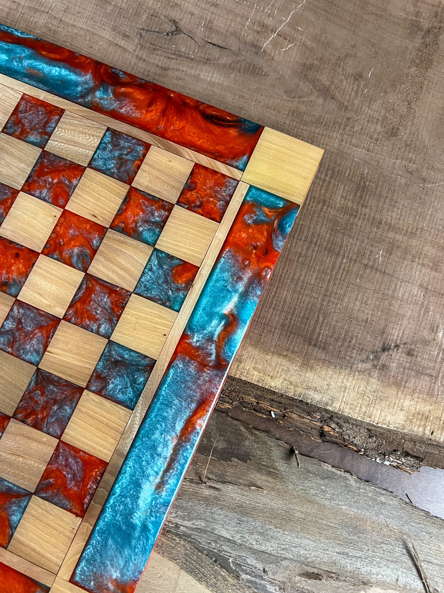 Vivid Orange Teal Maple Wood Chess Board (Glass Chess Set Included)