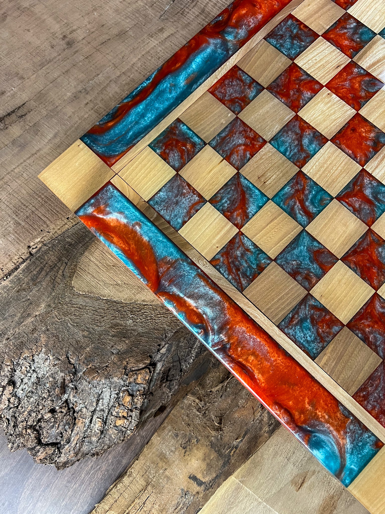 Vivid Orange Teal Maple Wood Chess Board (Glass Chess Set Included)